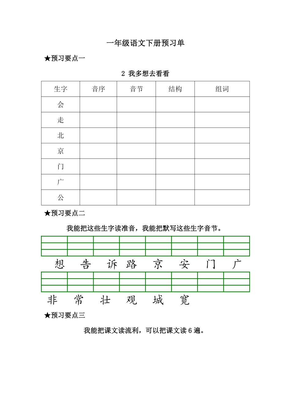 预习-课文2.我多想去看看小学语文一年级上册知识点清单（人教部编版）.pdf_第1页