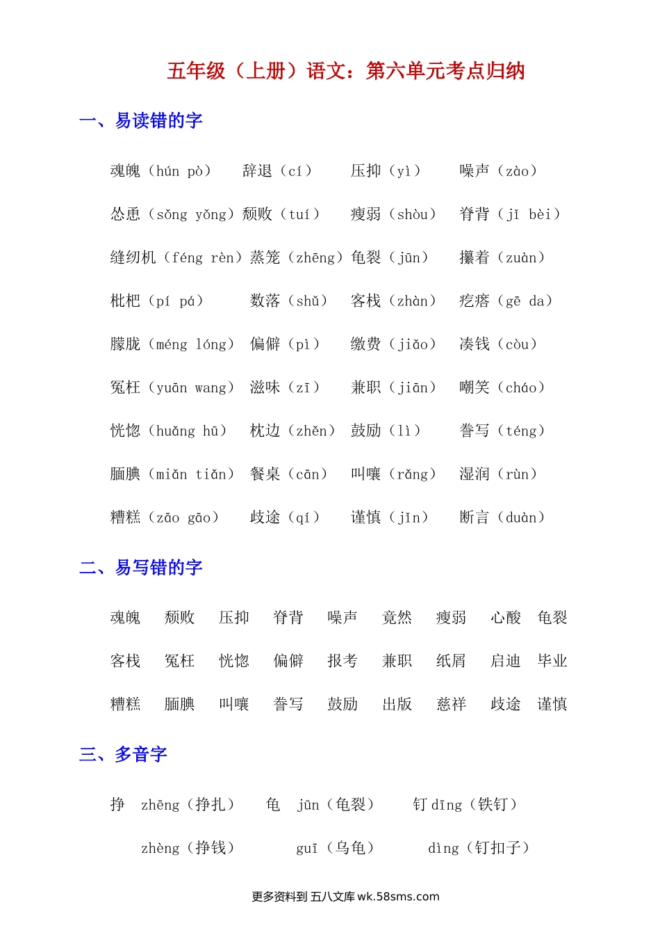 五上语文第六单元考点归纳小学语文五年级上册知识点清单（人教部编版）.docx_第1页