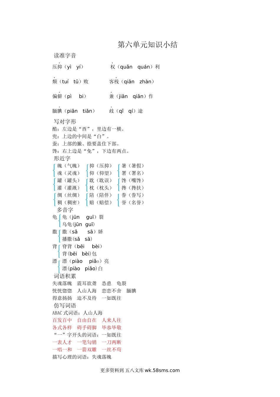 五上语文第六单元知识小结小学语文五年级上册知识点清单（人教部编版）.docx_第1页