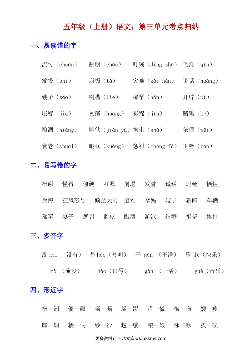 五上语文第三单元考点归纳小学语文五年级上册知识点清单（人教部编版）.docx_第1页