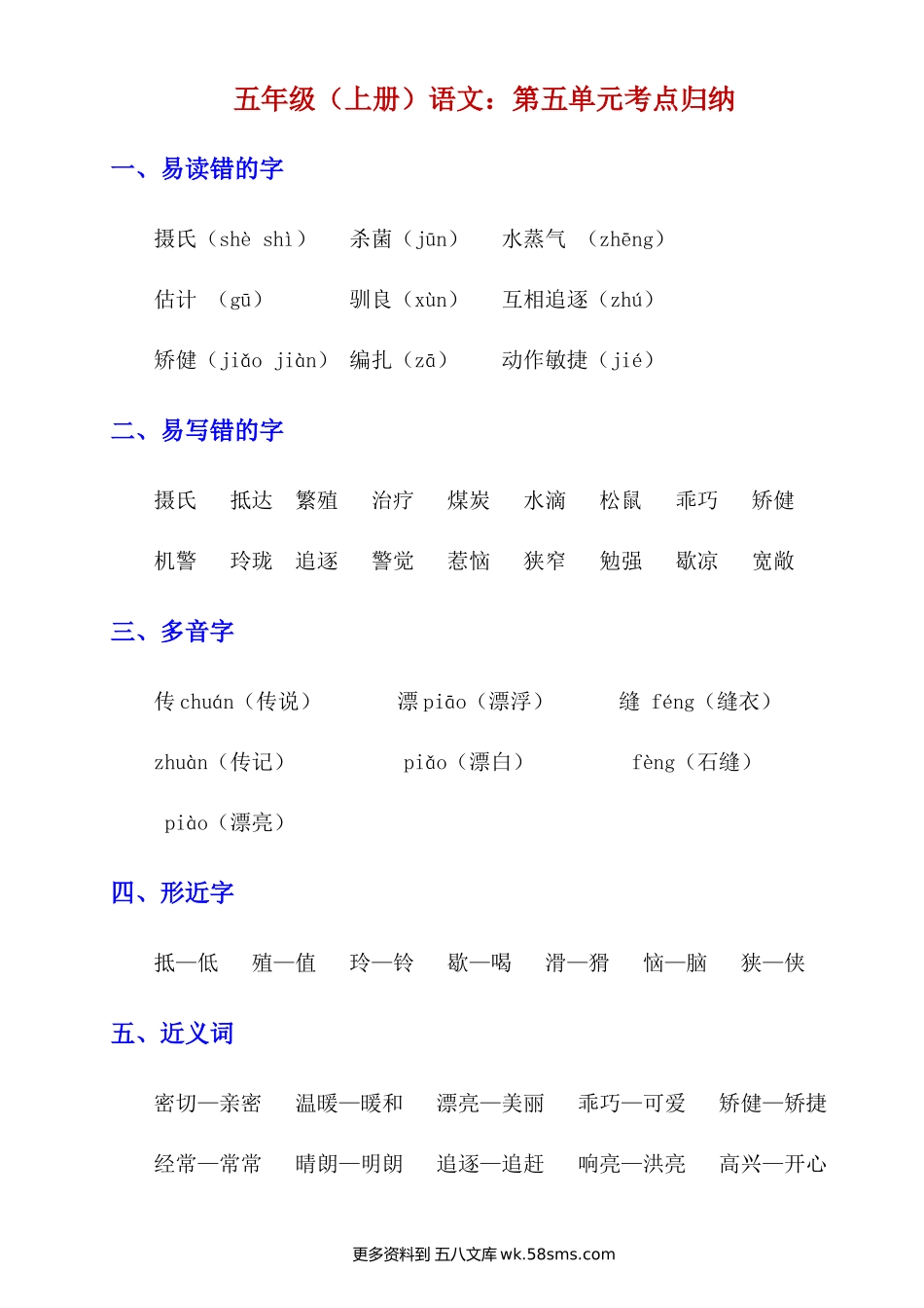 五上语文第五单元考点归纳小学语文五年级上册知识点清单（人教部编版）.docx_第1页