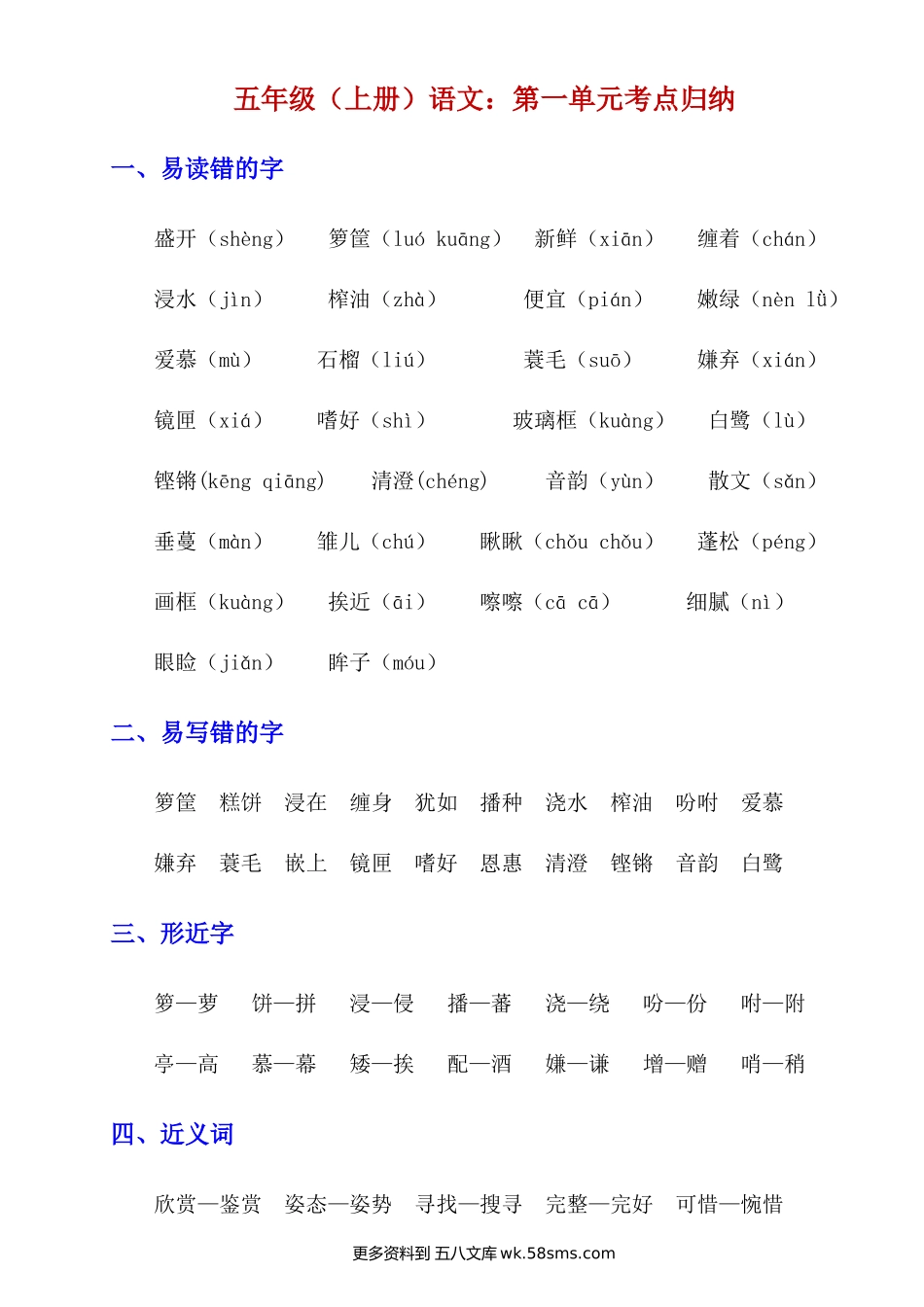 五上语文第一单元考点归纳小学语文五年级上册知识点清单（人教部编版）.docx_第1页