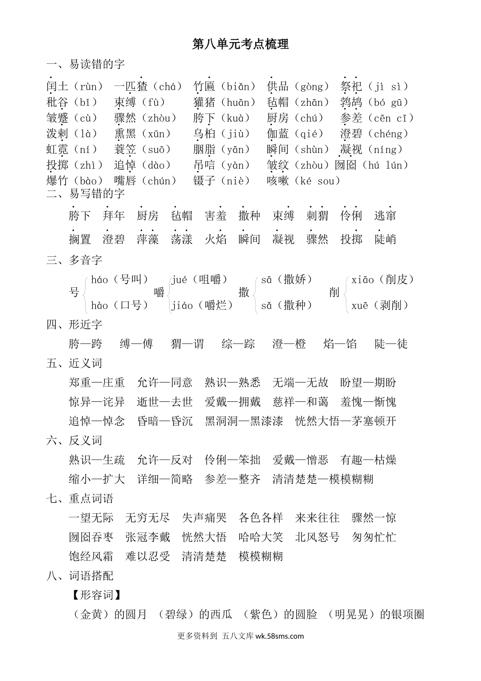 六上语文第八单元考点梳理小学语文六年级上册知识点清单（人教部编版）.docx_第1页