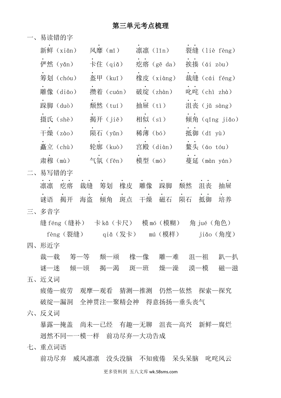 六上语文第三单元考点梳理小学语文六年级上册知识点清单（人教部编版）.docx_第1页