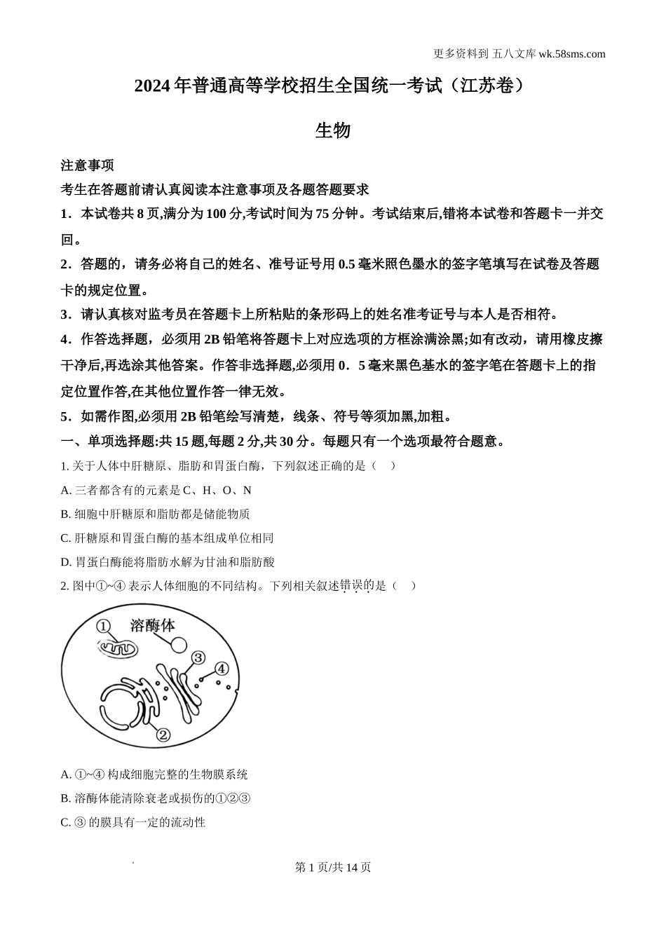 2024年江苏新课标高考真题生物试卷及解析答案.doc_第1页