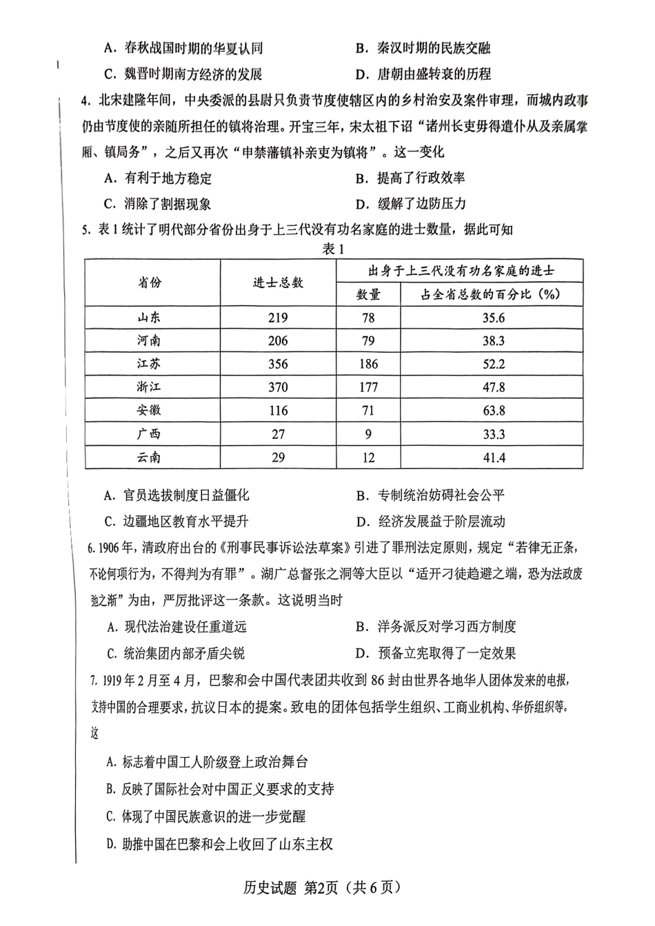 安徽省合肥市2025届高三第一次教学质量检测历史试卷.pdf_第2页