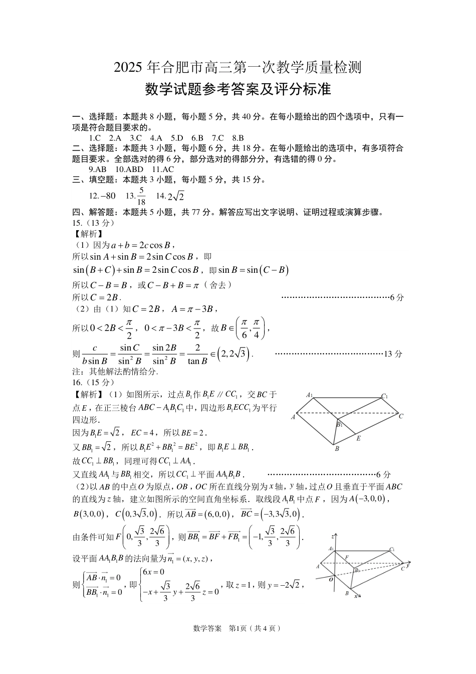 安徽省合肥市2025届高三第一次教学质量检测数学答案.pdf_第1页