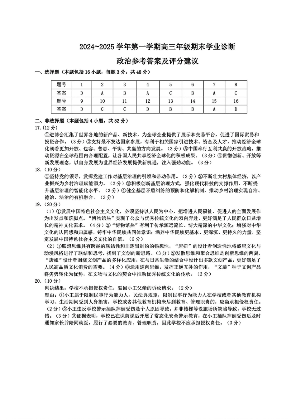 山西太原2024-2025学年高三期末学业诊断政治答案.pdf_第1页