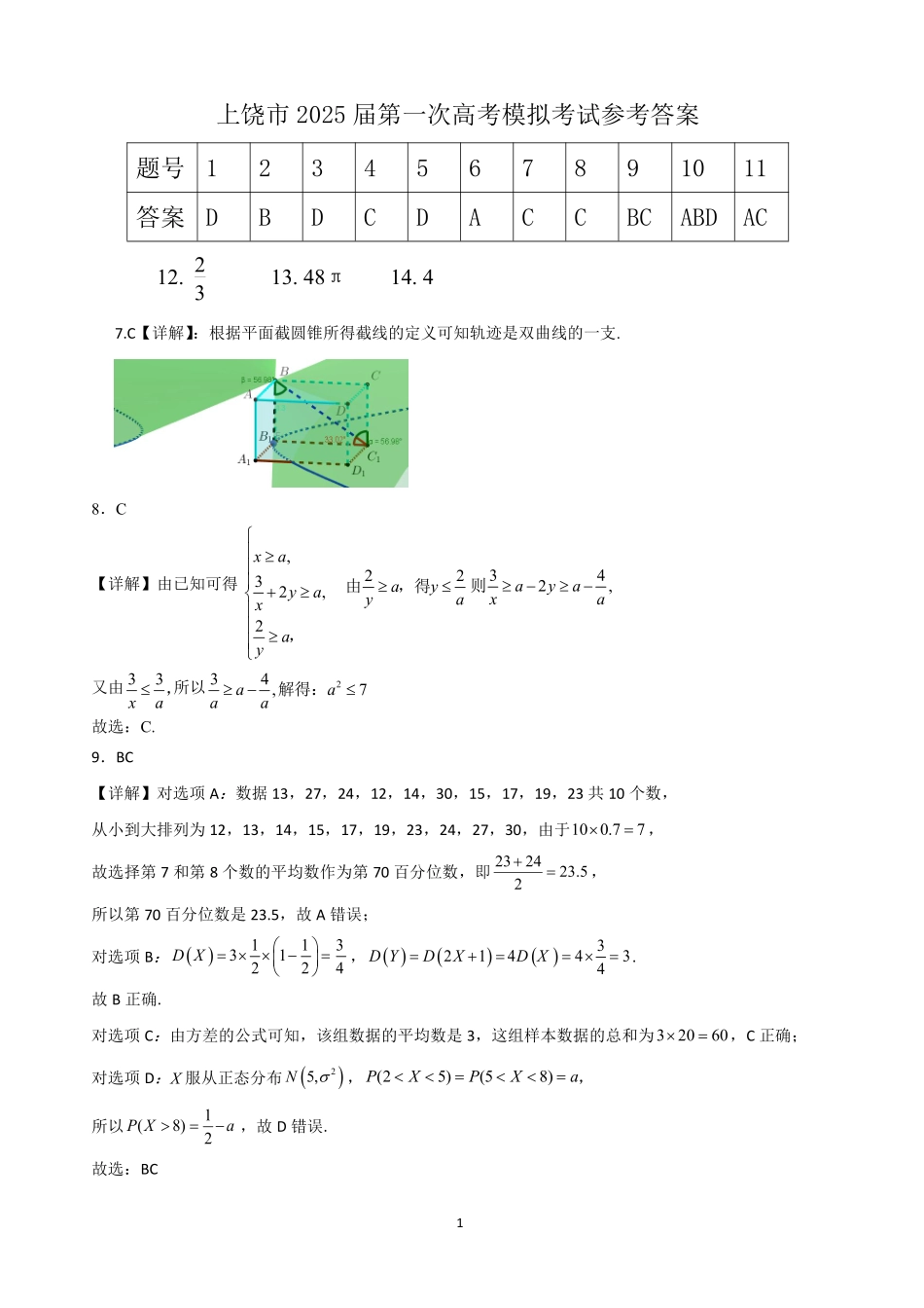 上饶市2025届高三第一次高考模拟考试数学参考答案.pdf_第1页