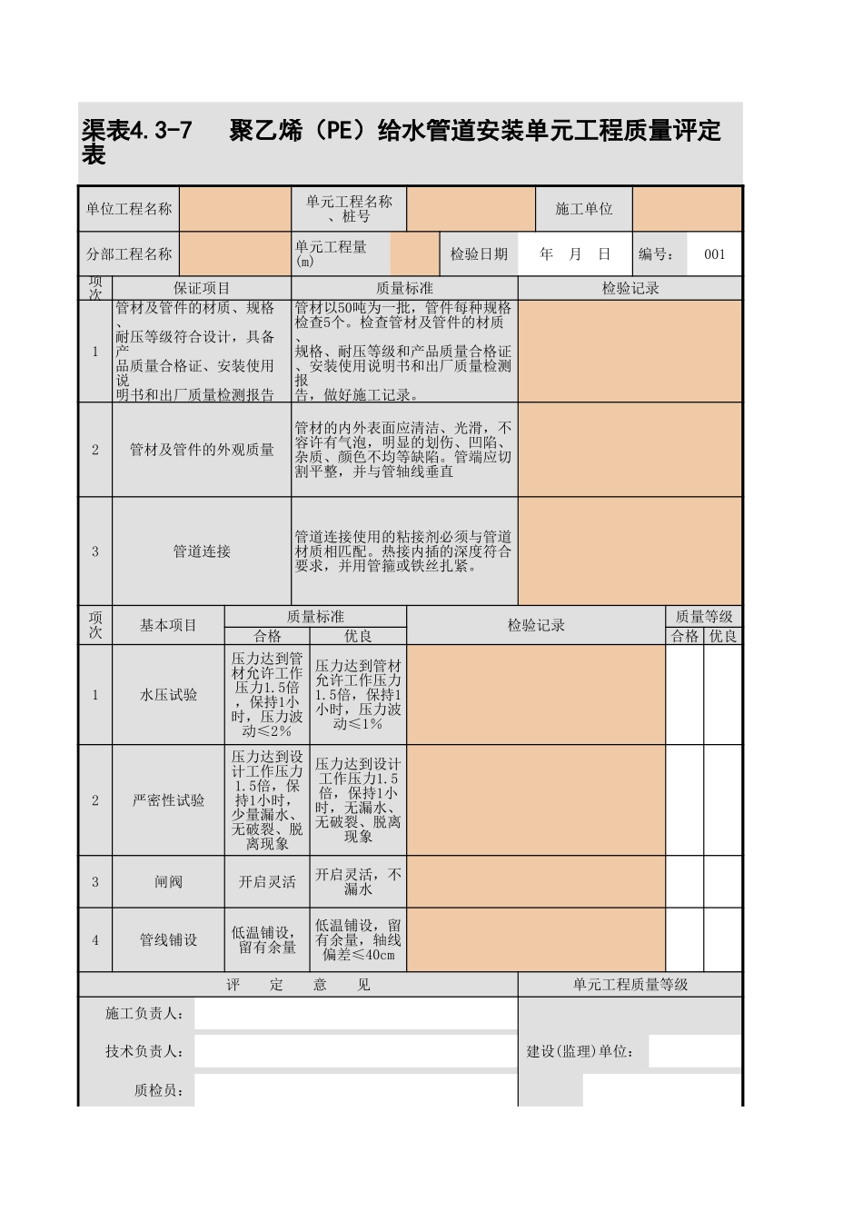 4.3-7 聚乙烯（PE）给水管道安装单元工程质量评定表.xls_第1页