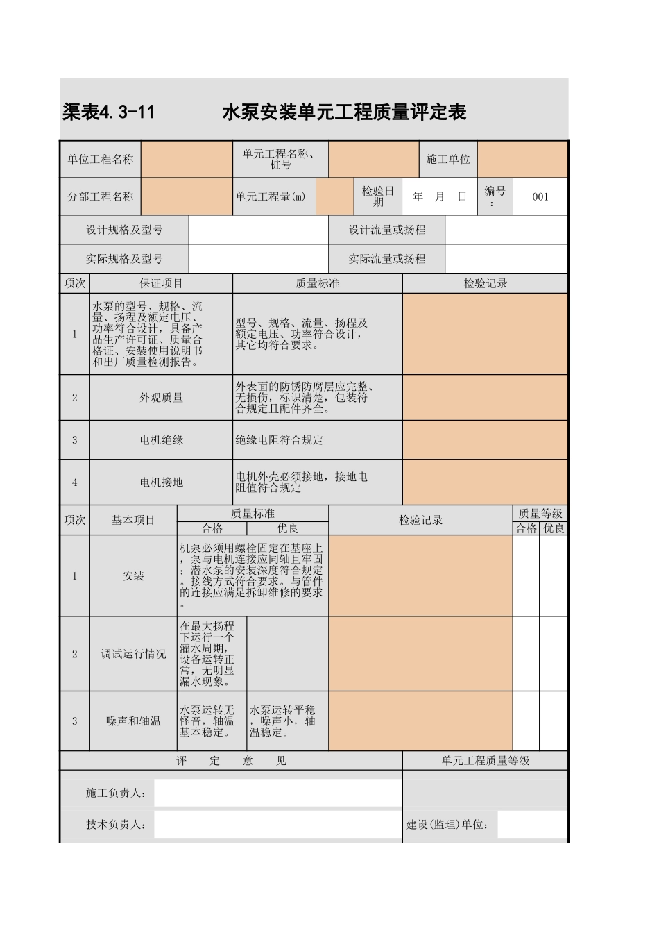 4.3-11 水泵安装单元工程质量评定表.xls_第1页