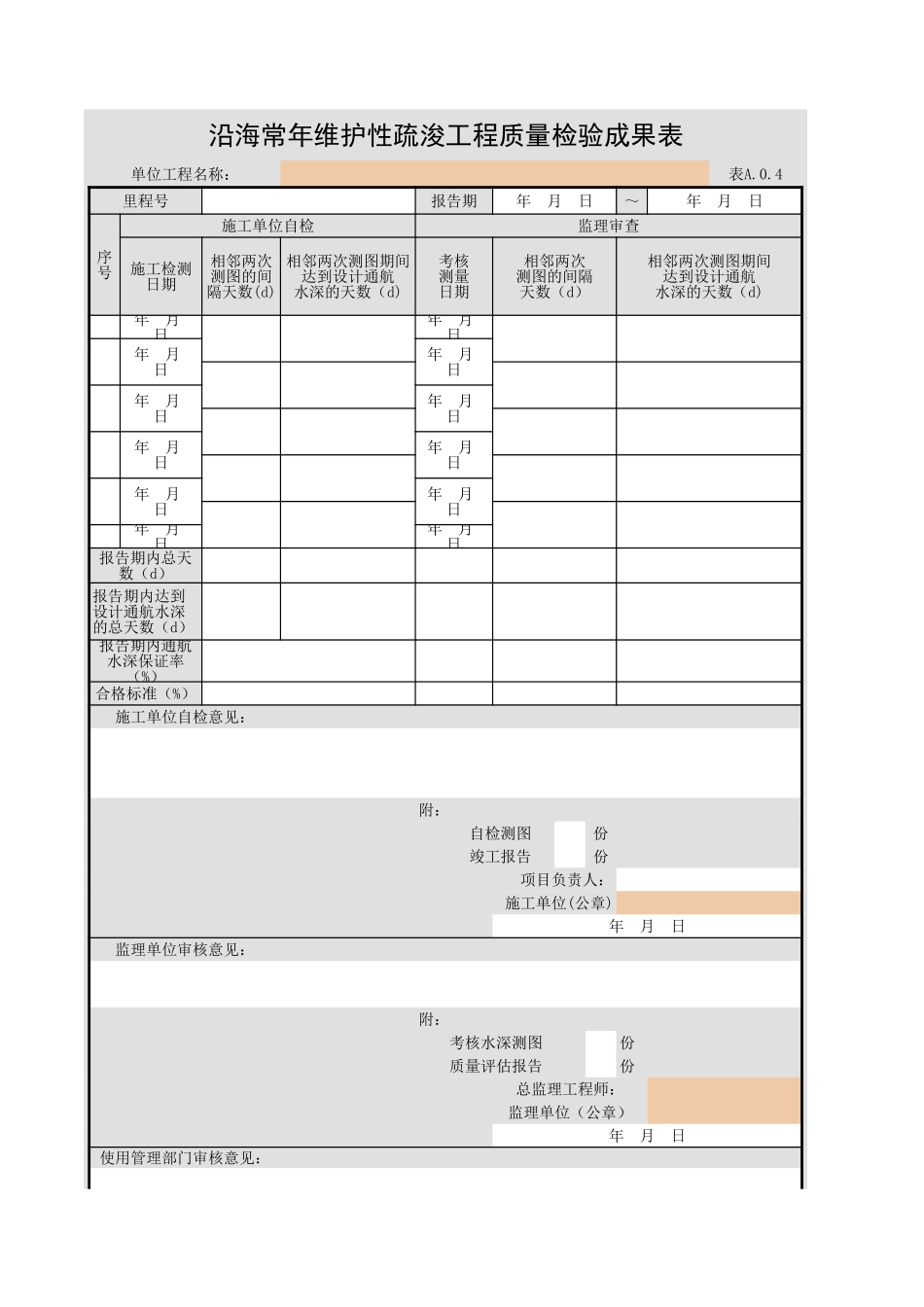 表A.0.4 沿海常年维护性疏浚工程质量检验成果表.xls_第1页