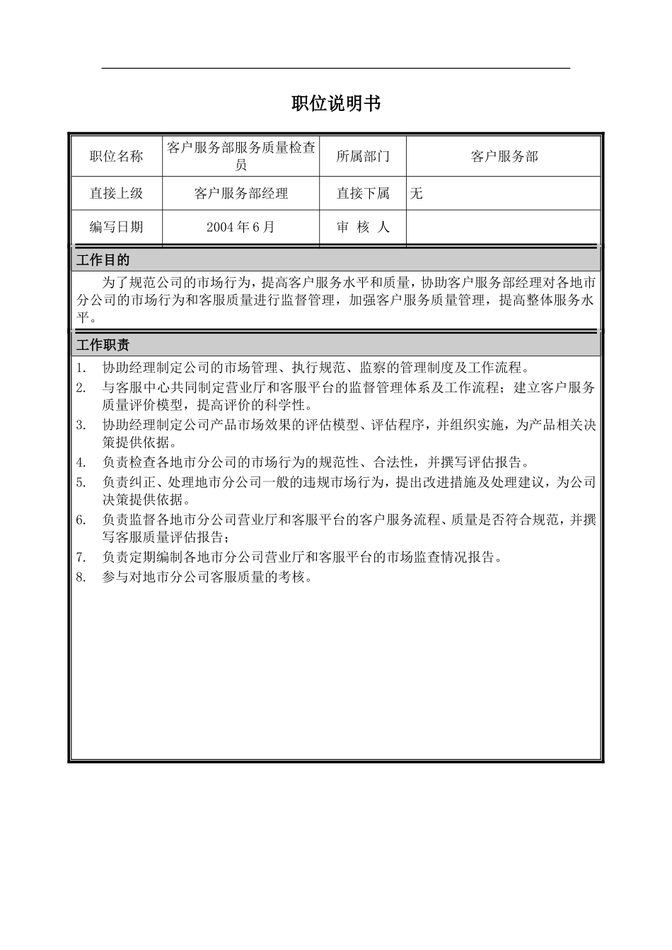 职位说明书-市场营销部-客户服务部-服务质量检查员.doc_第1页