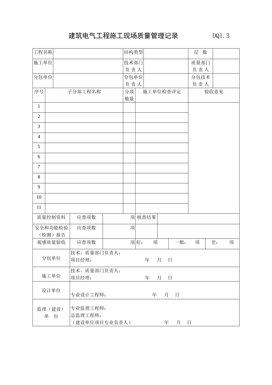 DQ1.3建筑电气分部工程质量验收记录.doc_第1页