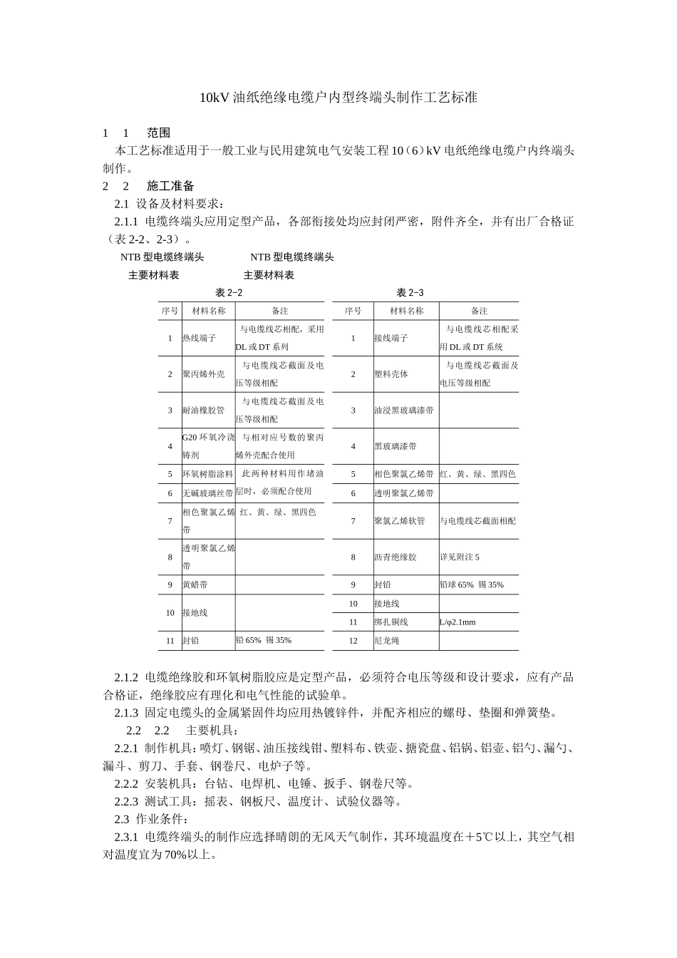 10kV油纸绝缘电缆户内型终端头制作工艺标准.doc_第1页