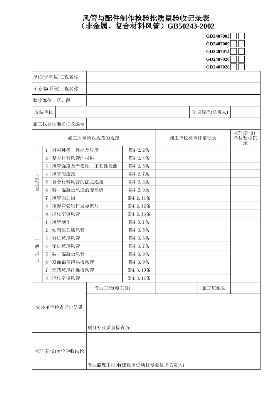 3、风管与配件制作检验批质量验收记录（非金属、复合材料风管）.xls_第1页