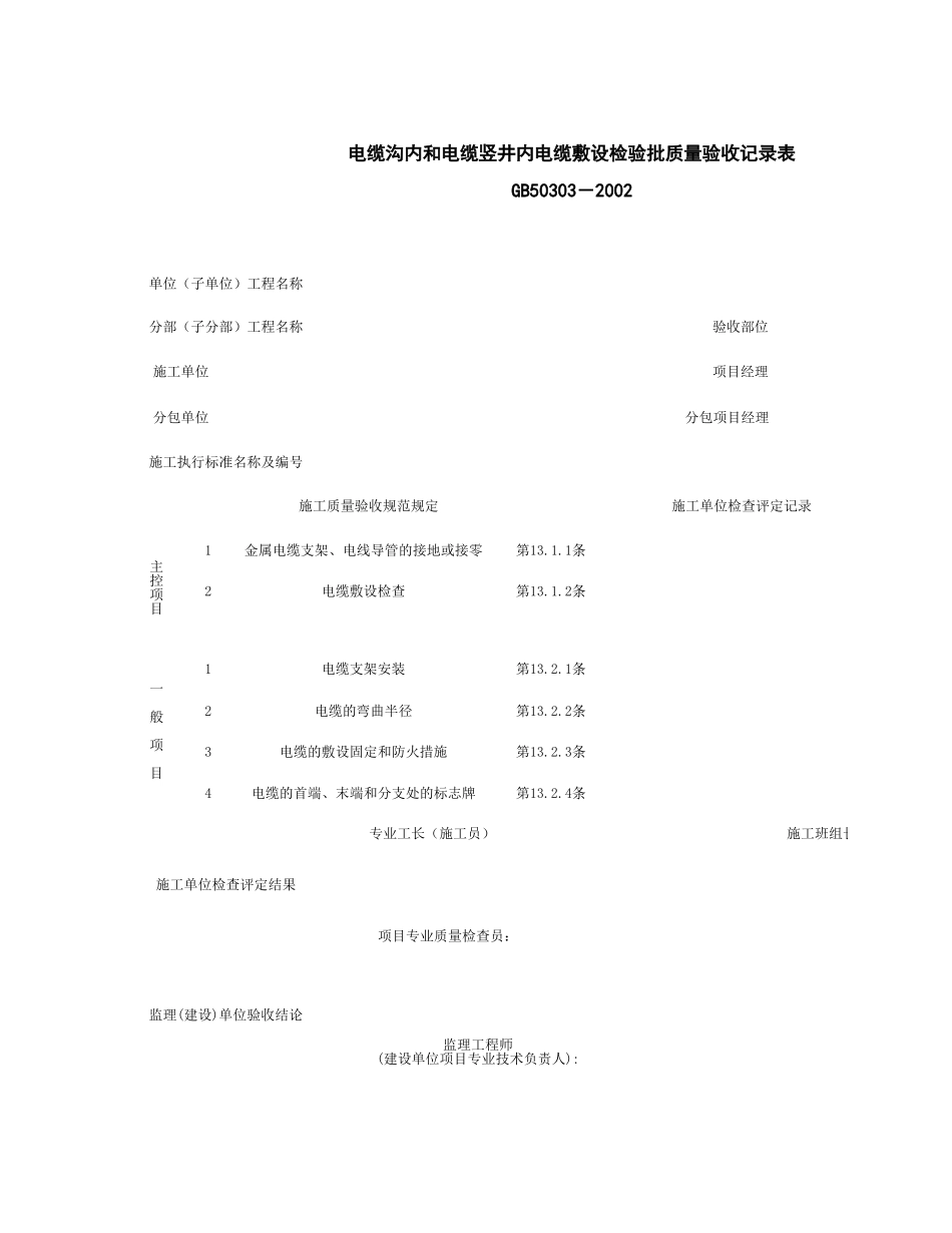 060204_电缆沟内和电缆竖井内电缆敷设检验批质量验收记录表.xls_第1页