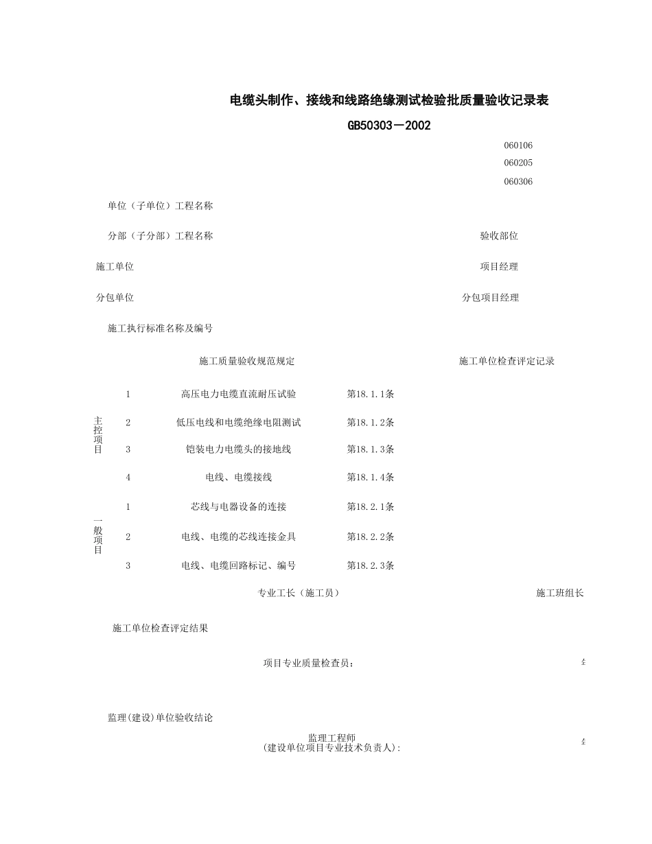 060205_电缆头制作、接线和线路绝缘测试检验批质量验收记录表.xls_第1页