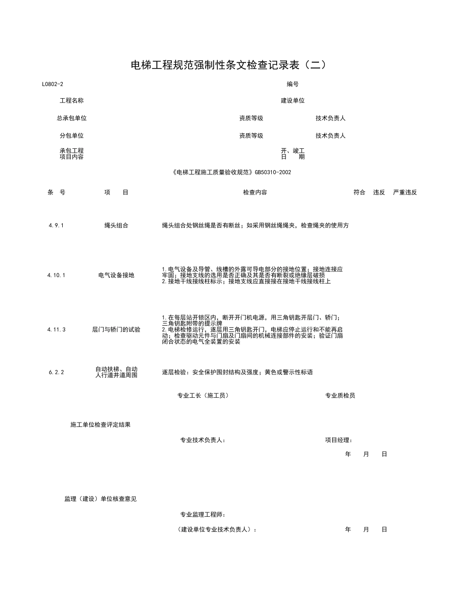 L0802-2_电梯工程规范强制性条检查记录表（二）.xls_第1页