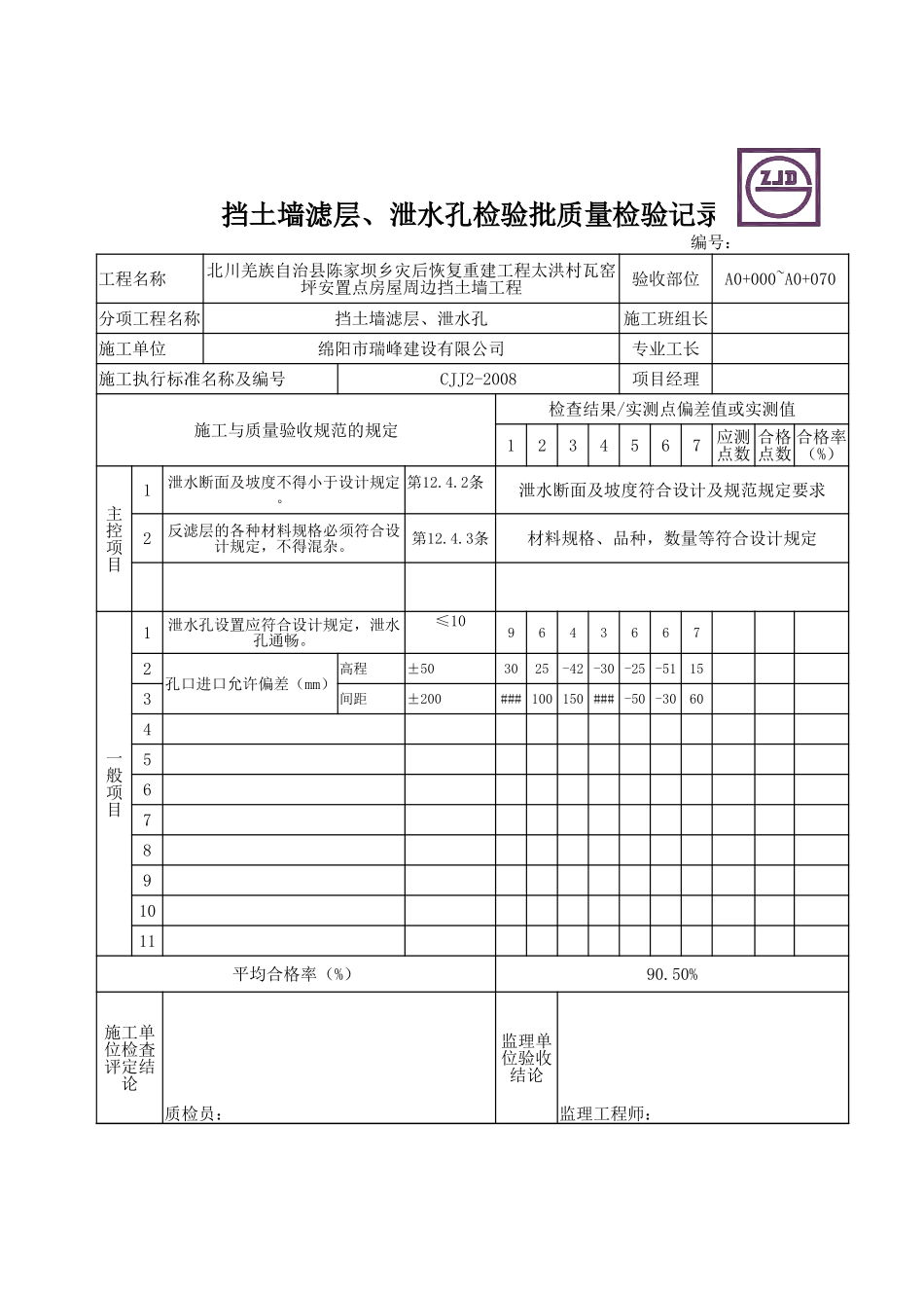 挡土墙滤层、泄水孔检验批质量检验记录.xlsx_第1页