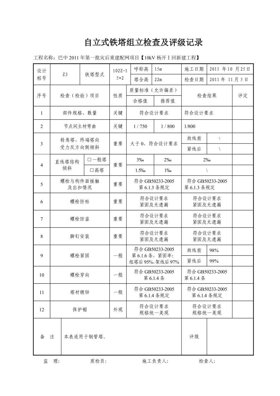 线塔1 自立式铁塔组立检查及评级记录表.pdf_第3页