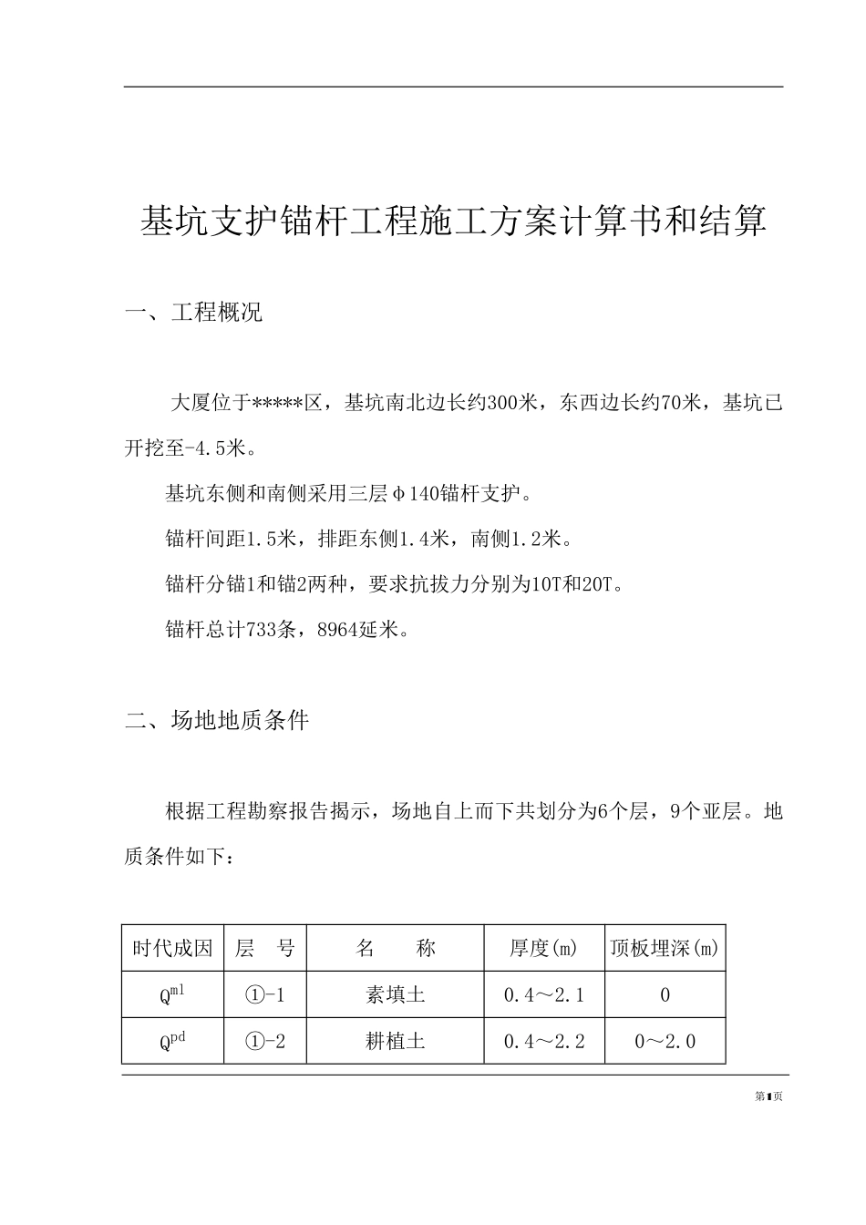 基坑支护锚杆工程施工组织设计方案计算书和结算.pdf_第1页