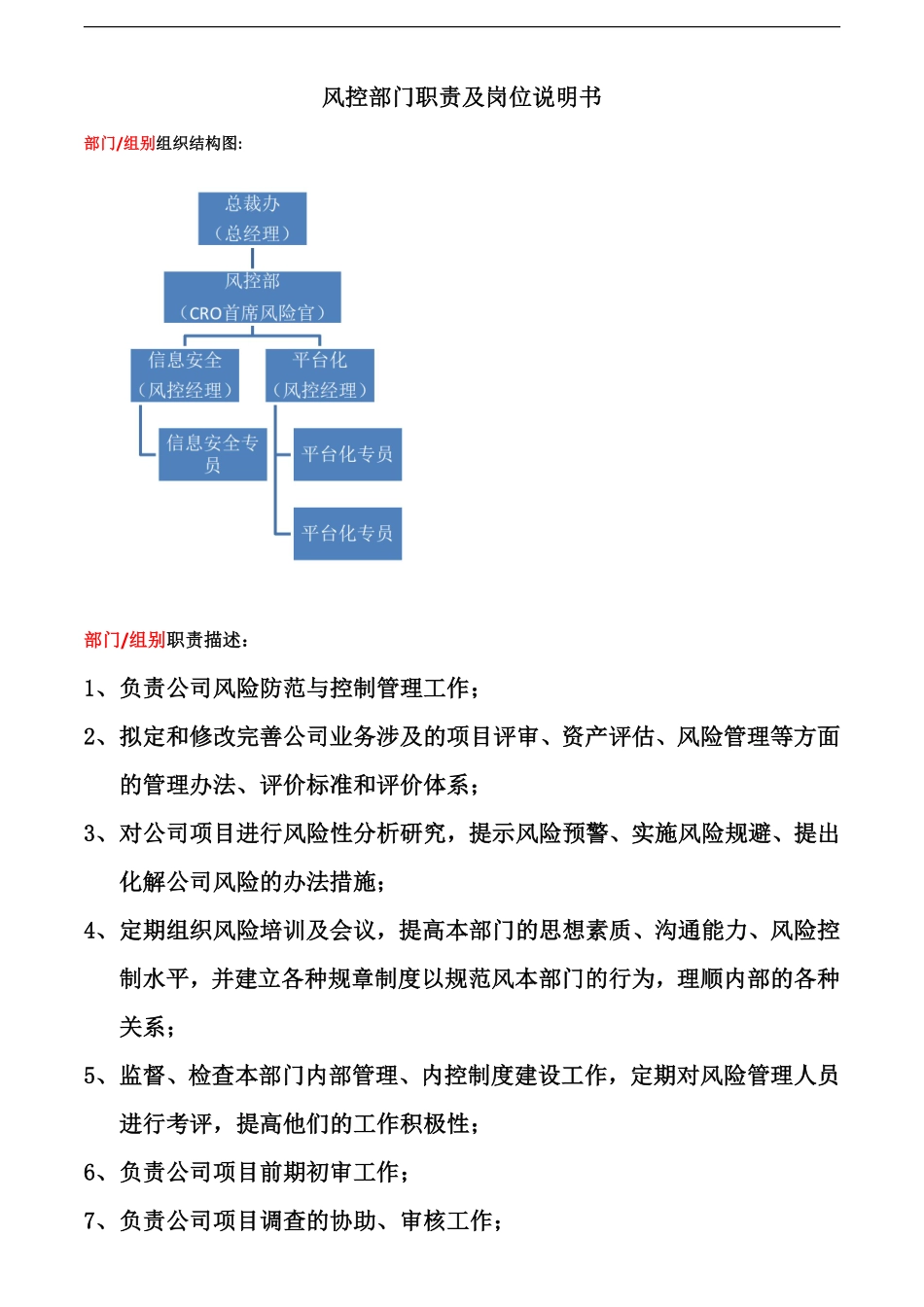 风控部门职责及风险首席官岗位说明书.pdf_第1页