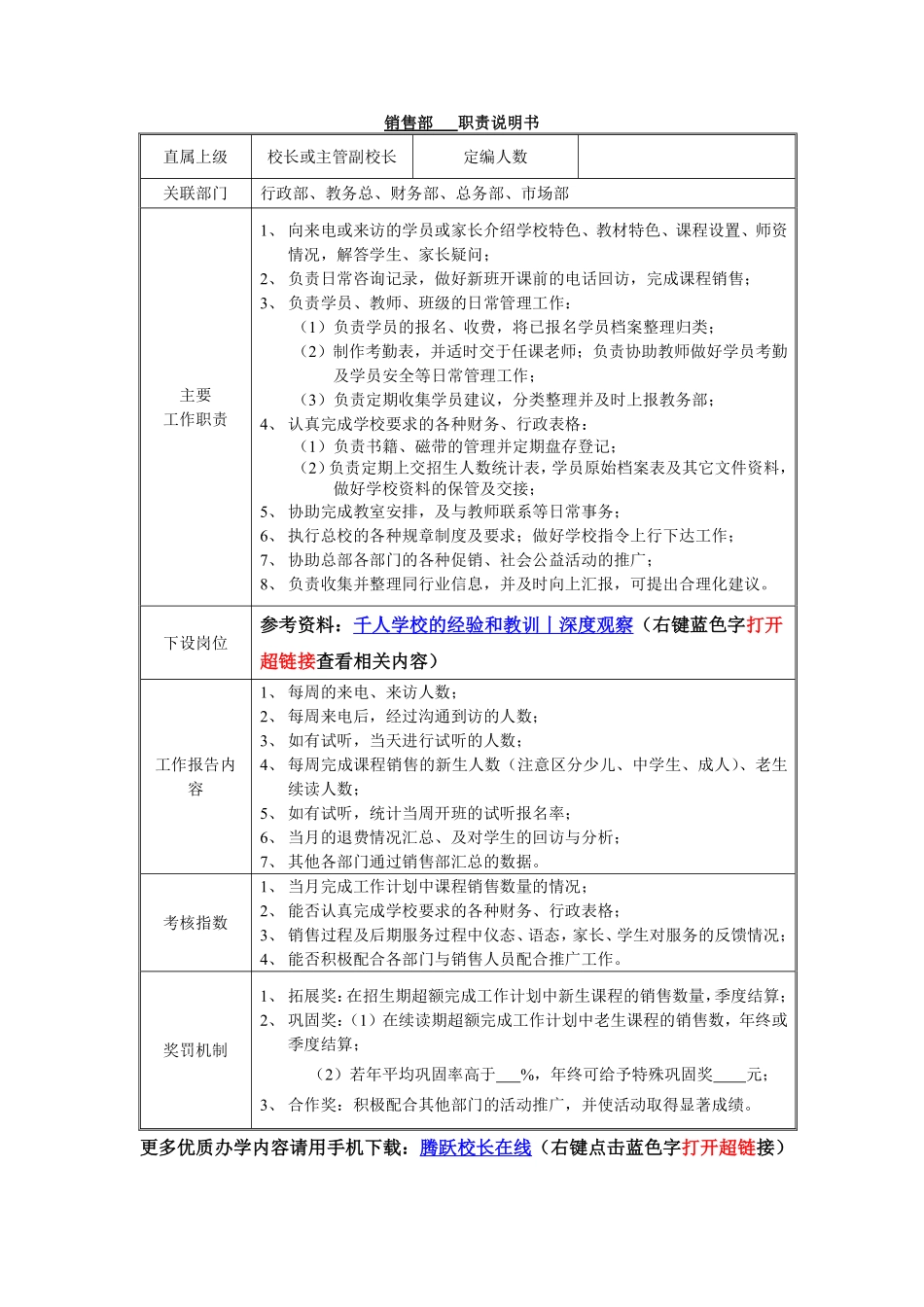 教育培训机构岗位职责说明书表格-销售部.pdf_第1页