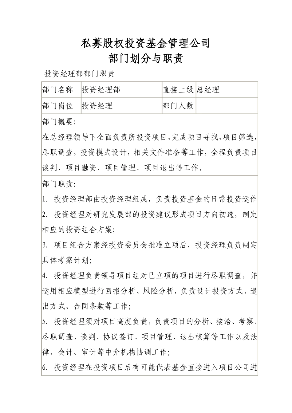 私募股权投资基金管理公司部门划分与职责.pdf_第1页
