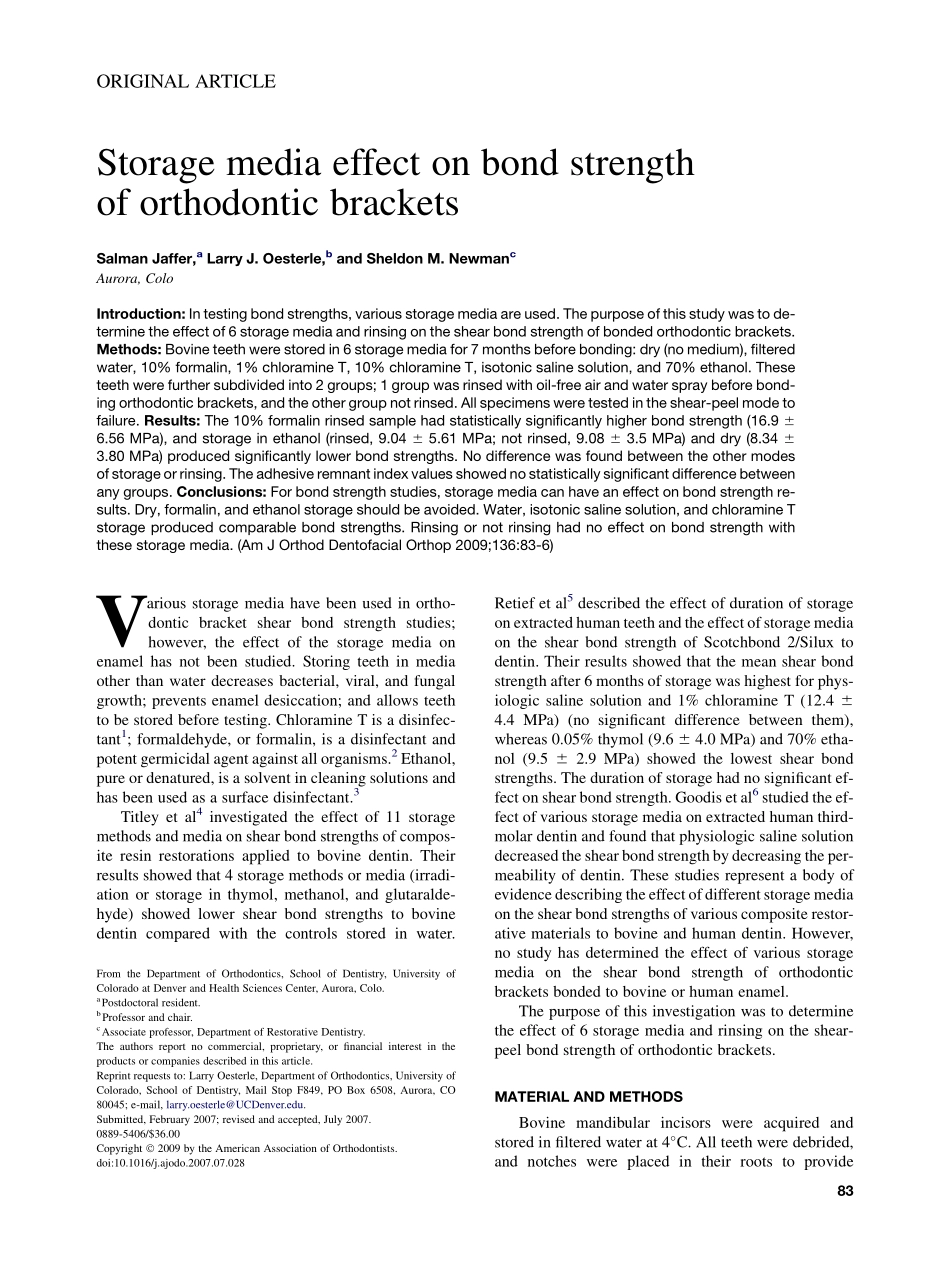 Jaffer_Storage-media-effect-on-bond-strength-of-orthodontic-brackets_2009.pdf_第1页