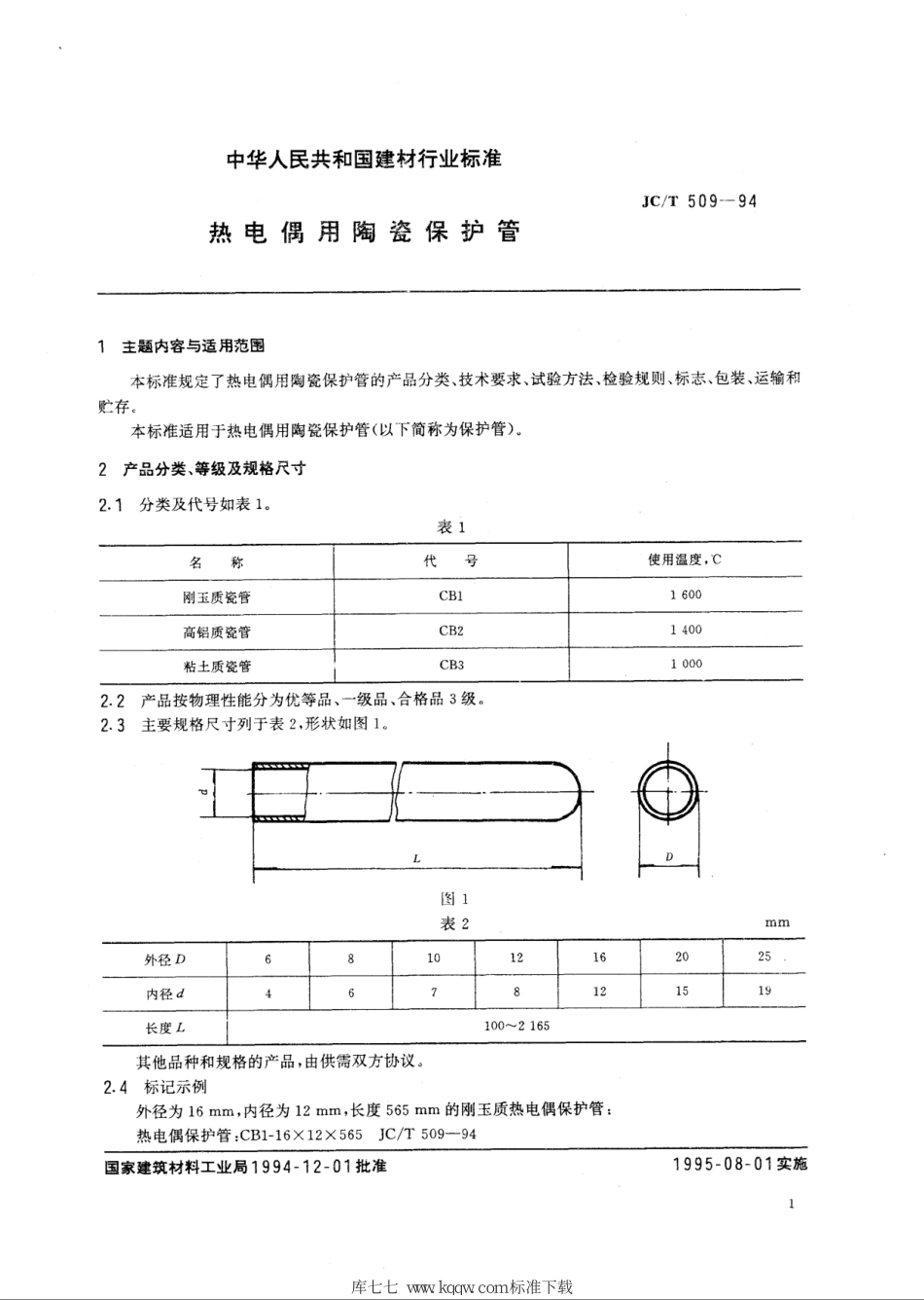 JC∕T 509-1994 热电偶用陶瓷保护管--------  .pdf_第2页