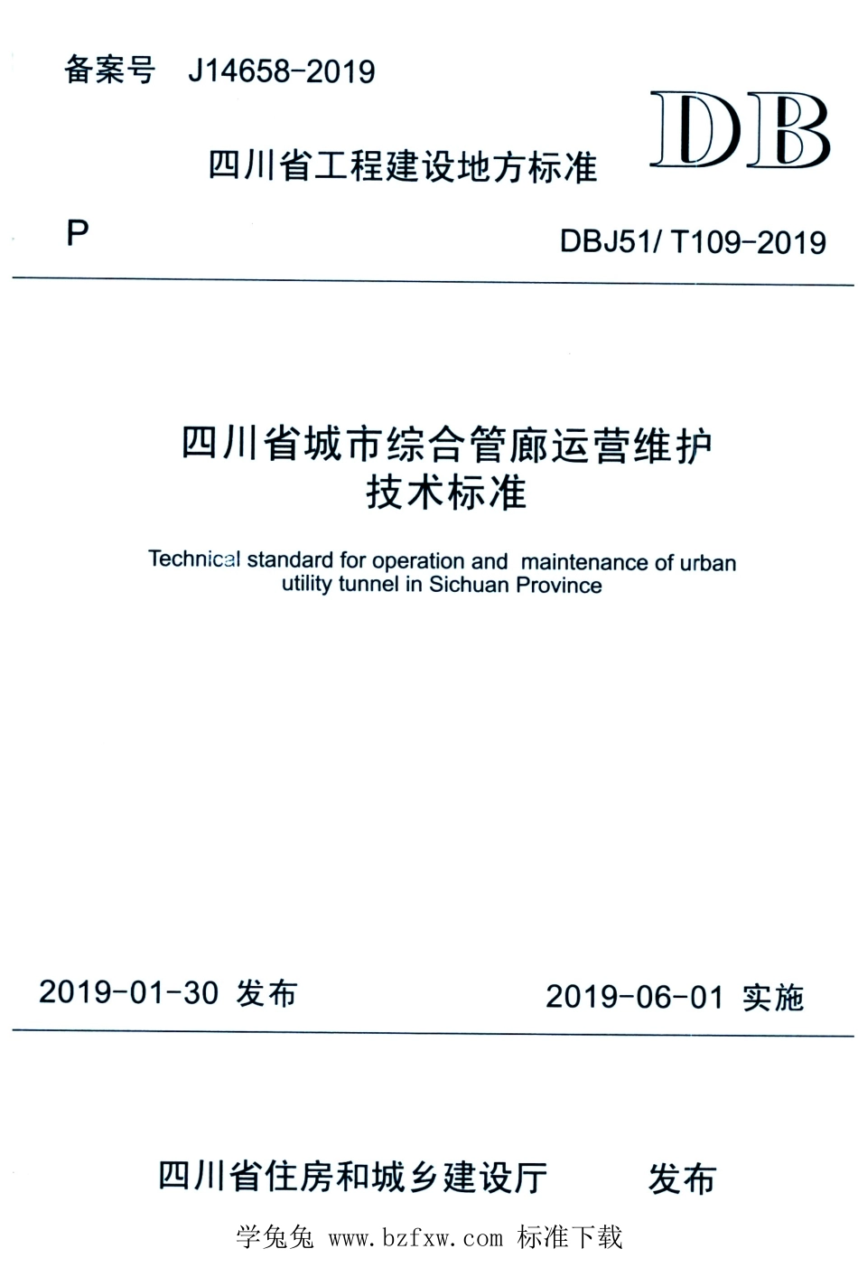 DBJ51T 109-2019 四川省城市综合管廊运营维护技术标准.pdf_第1页