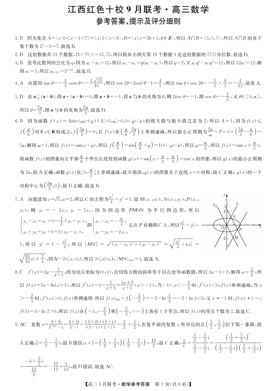 江西省红色十校2024届高三9月联考数学答案.pdf_第1页