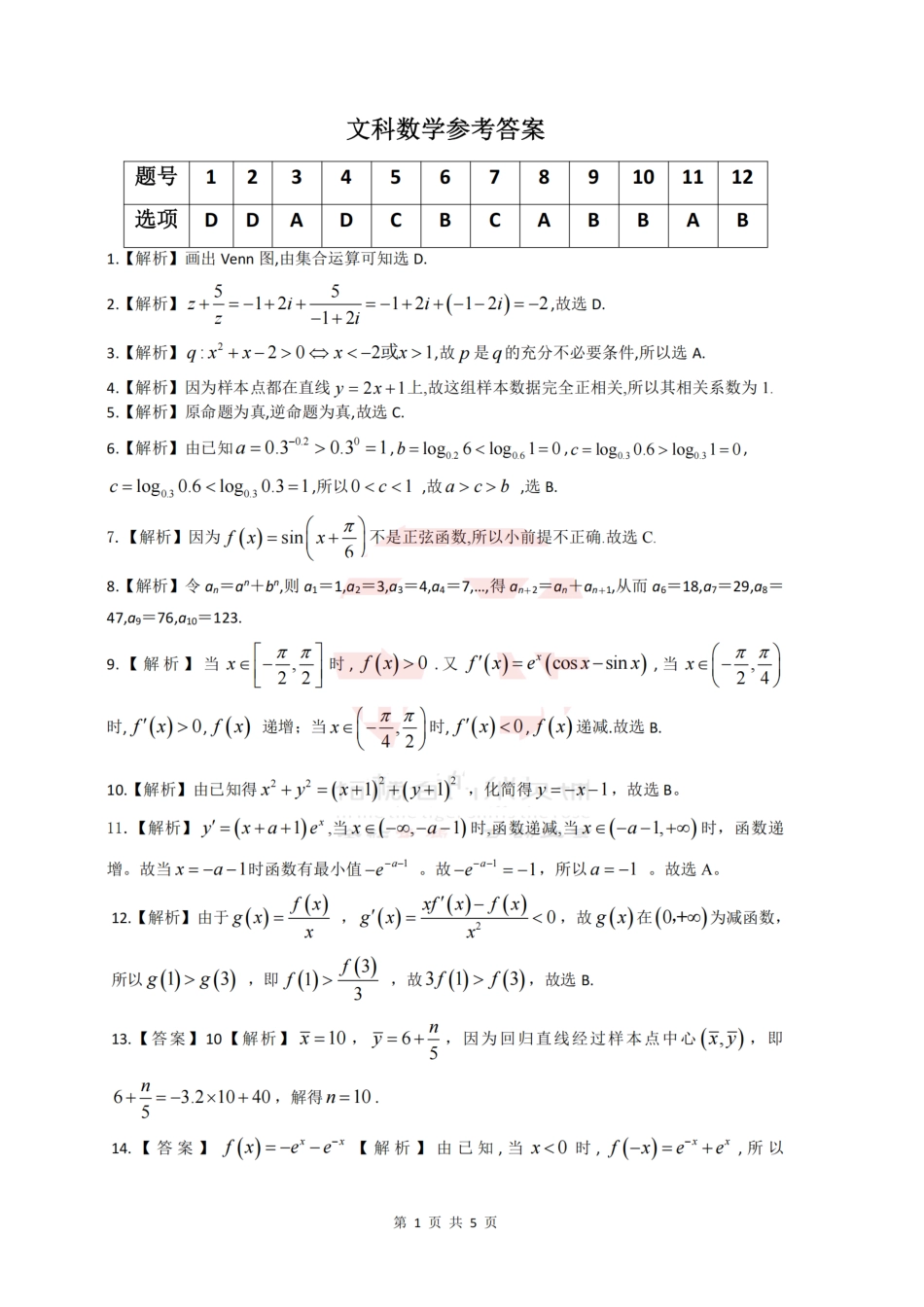 江西省重点九江六校2021-2022学年高二年级期末联考文数参考答案.pdf_第1页