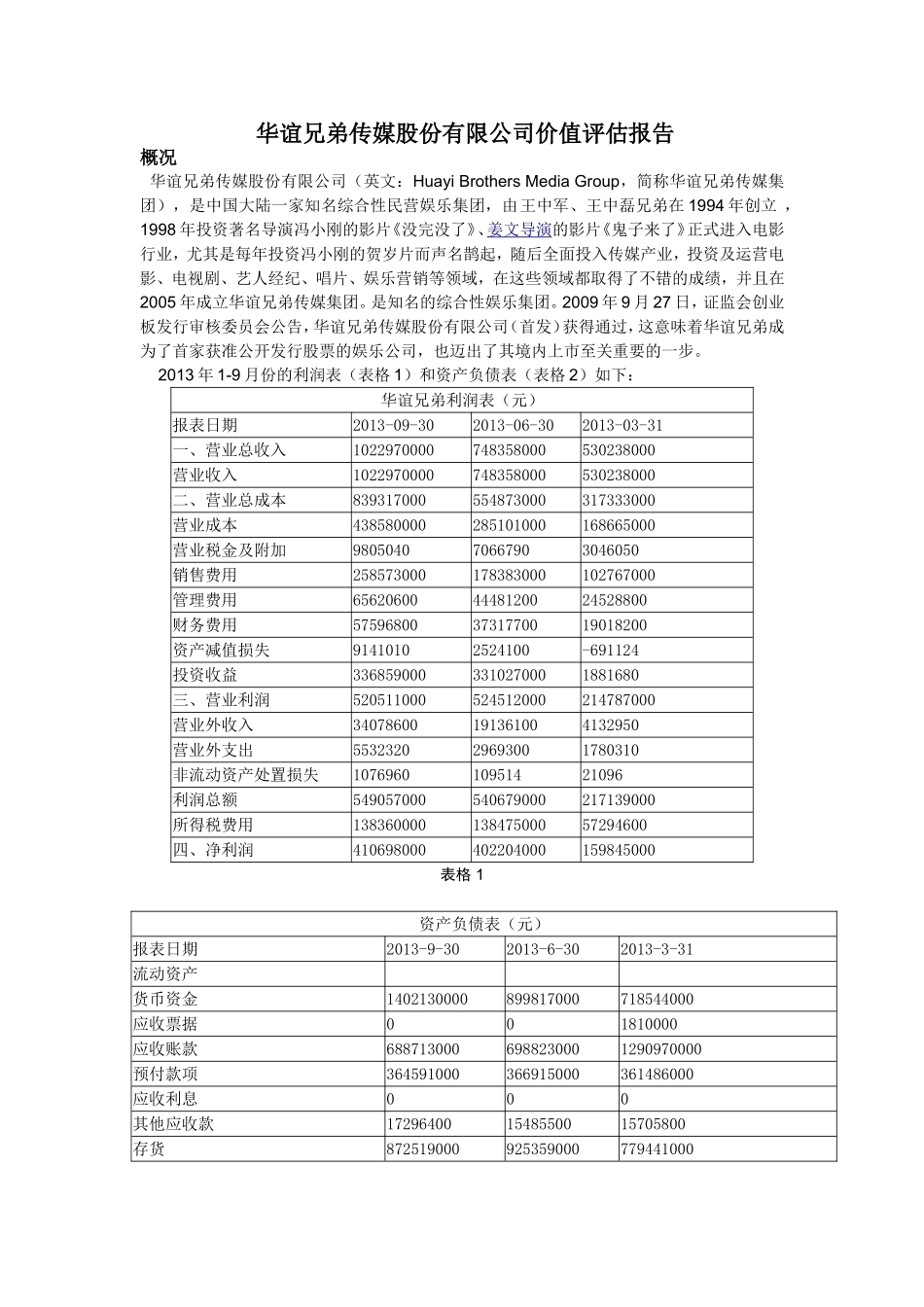 华谊兄弟股份有限公司价值评估报告.doc_第1页