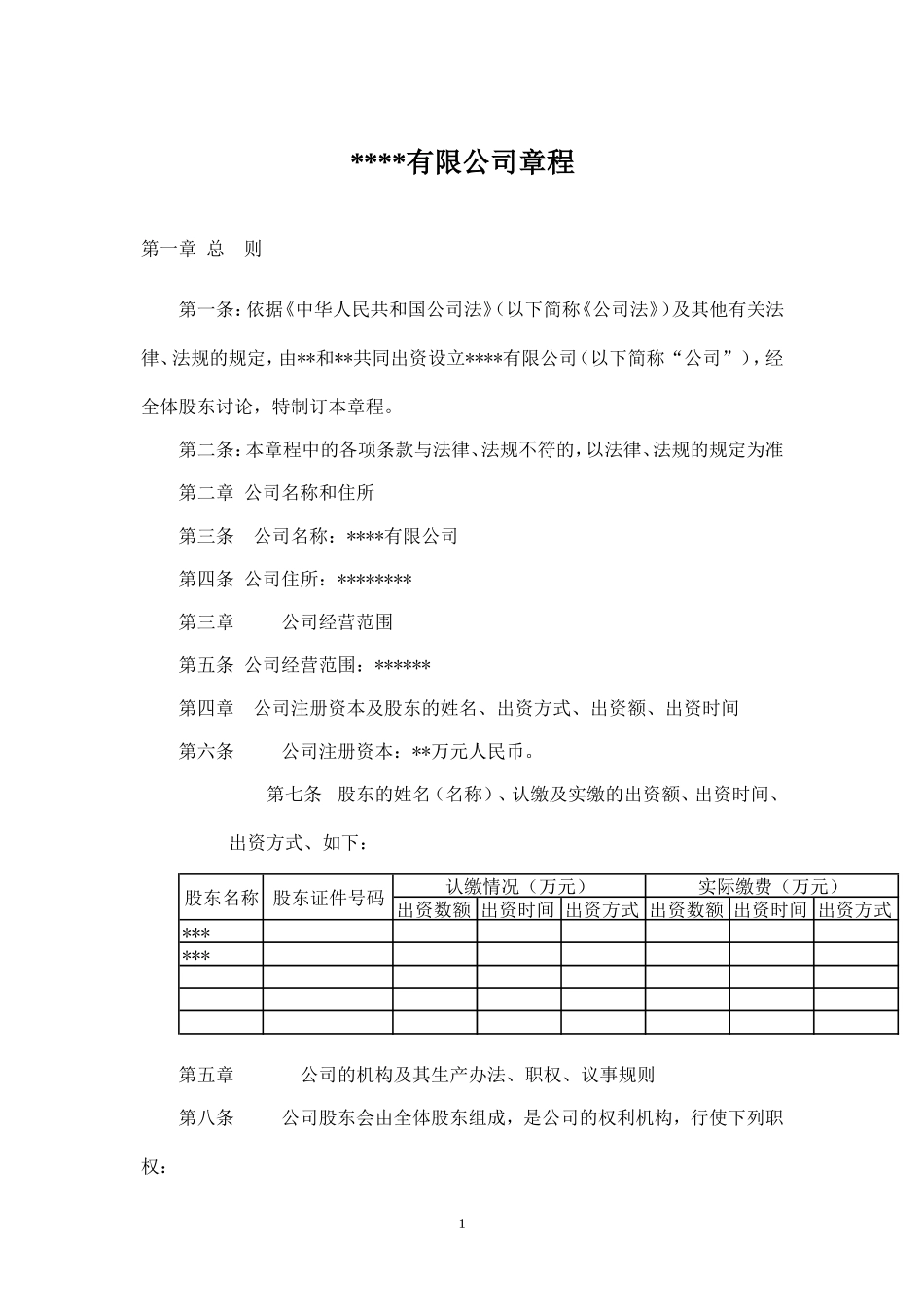 无锡工商局新办有限公司标准选用公司章程.doc_第1页