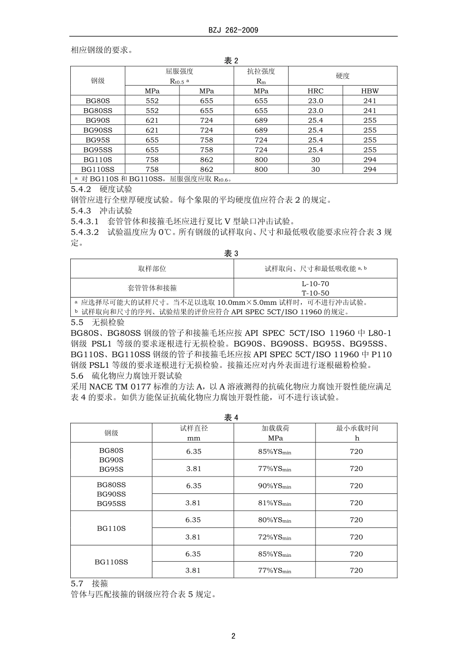 BZJ 262-2009 抗H2S腐蚀油套管.pdf_第2页