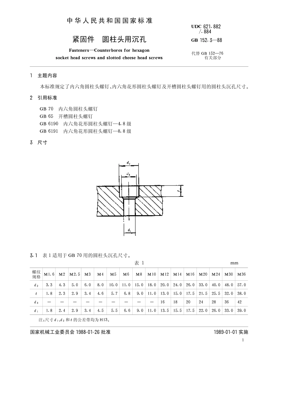 GB 152.3-88 紧固件 圆柱头用沉孔.pdf_第1页