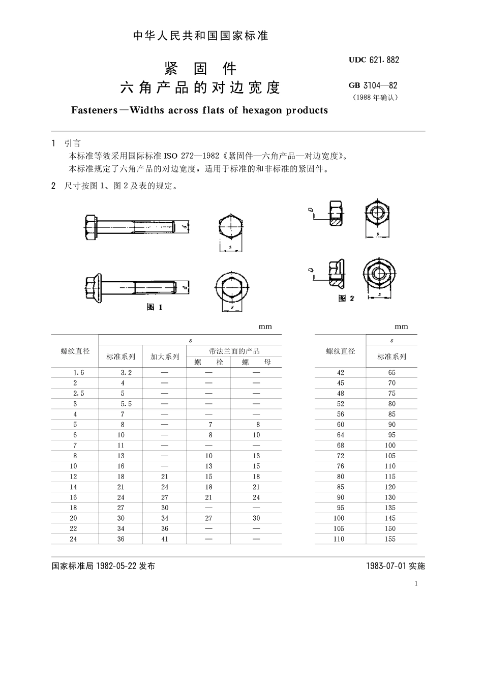 GB 3104-82 紧固件 六角产品的对边宽度.pdf_第1页