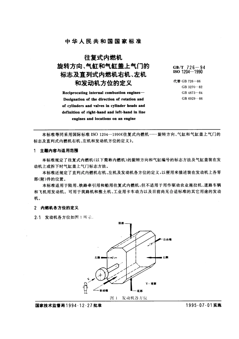 GB T 726-1994 往复式内燃机 旋转方向、气缸和气缸盖上气门的标志及直列式内燃机右机、左机和发动机方位的定义.pdf_第1页