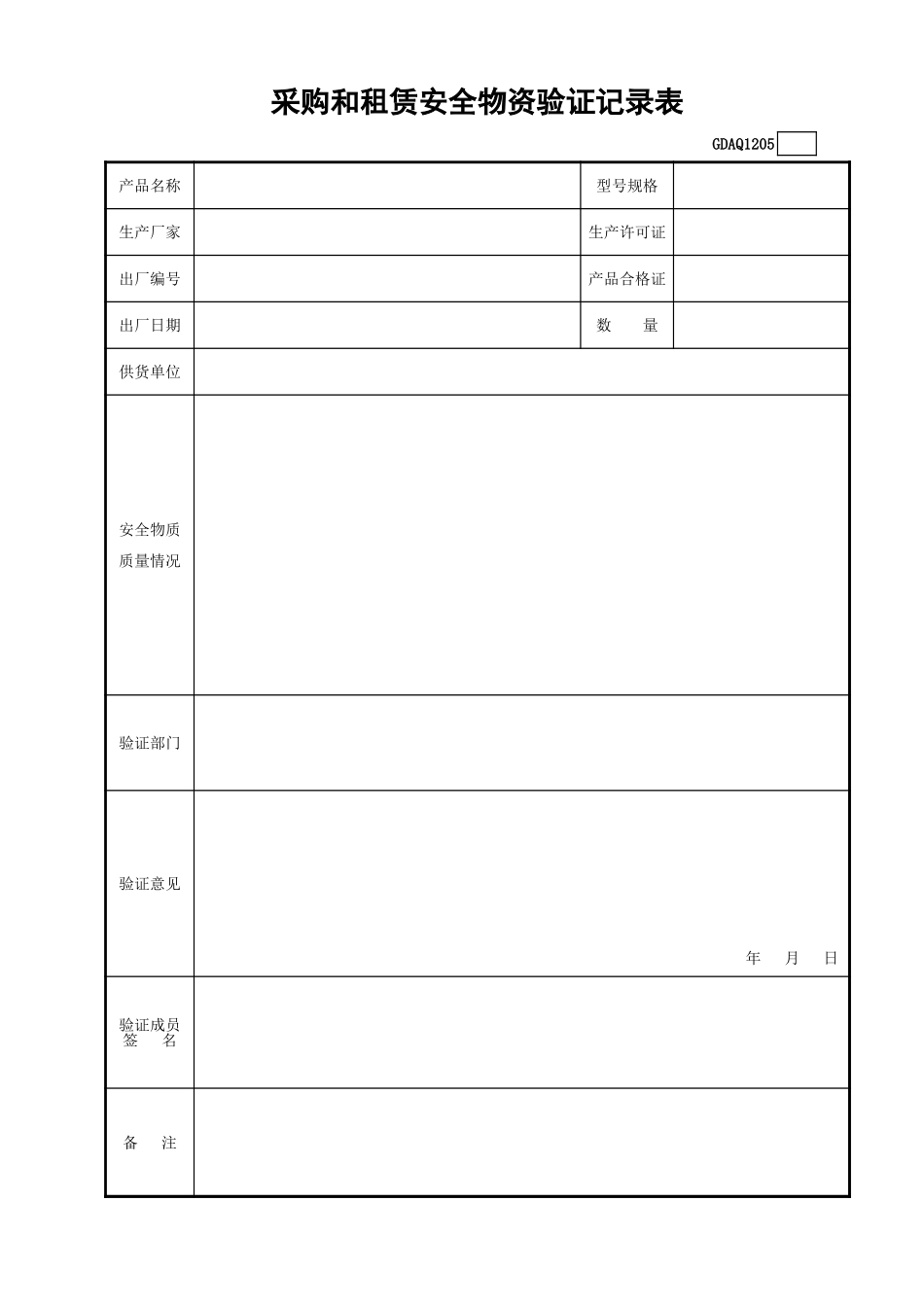 采购和租赁安全物资验证记录表GDAQ1205.xls_第1页