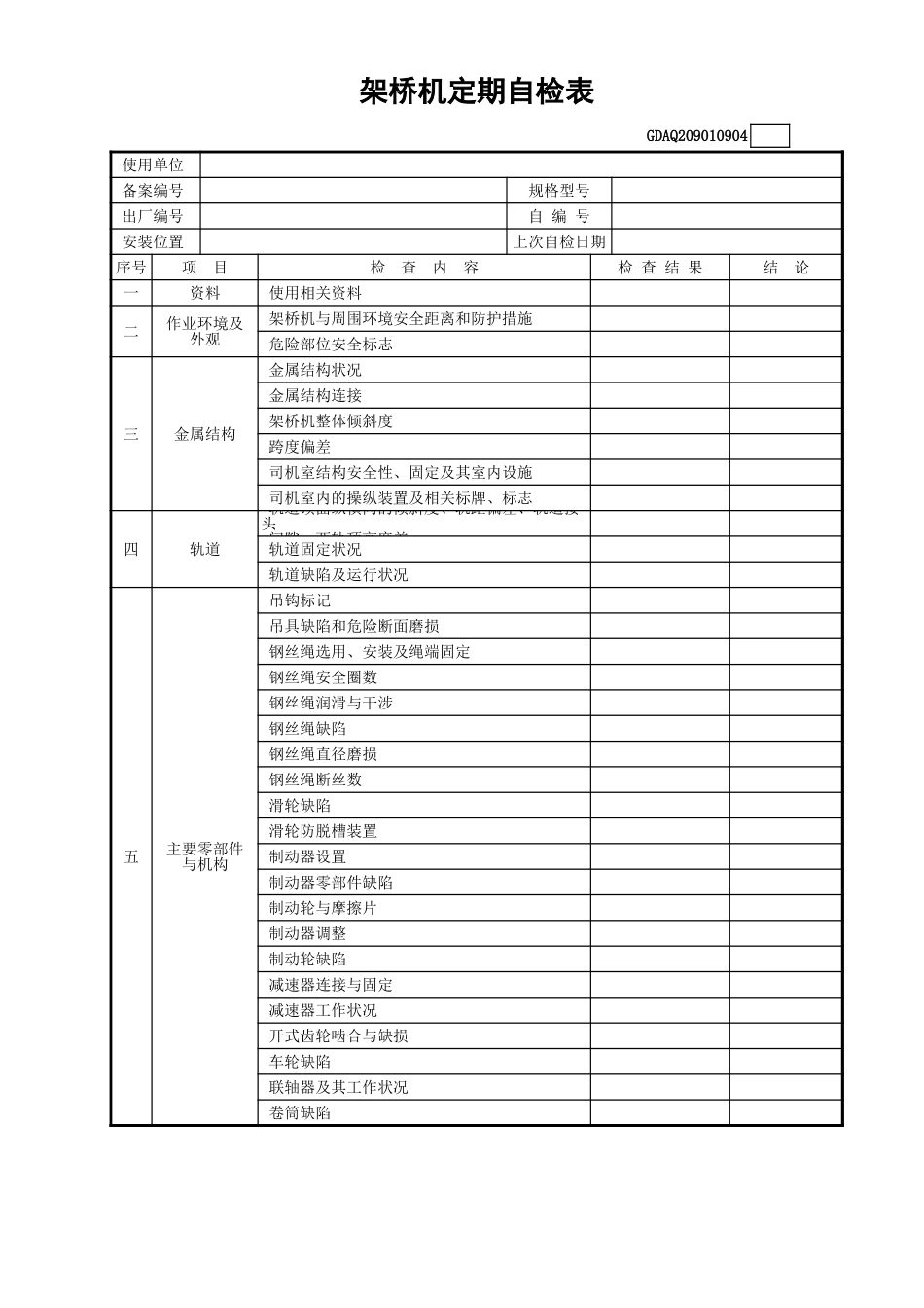 架桥机定期自检表(含续表)GDAQ209010904.xls_第1页