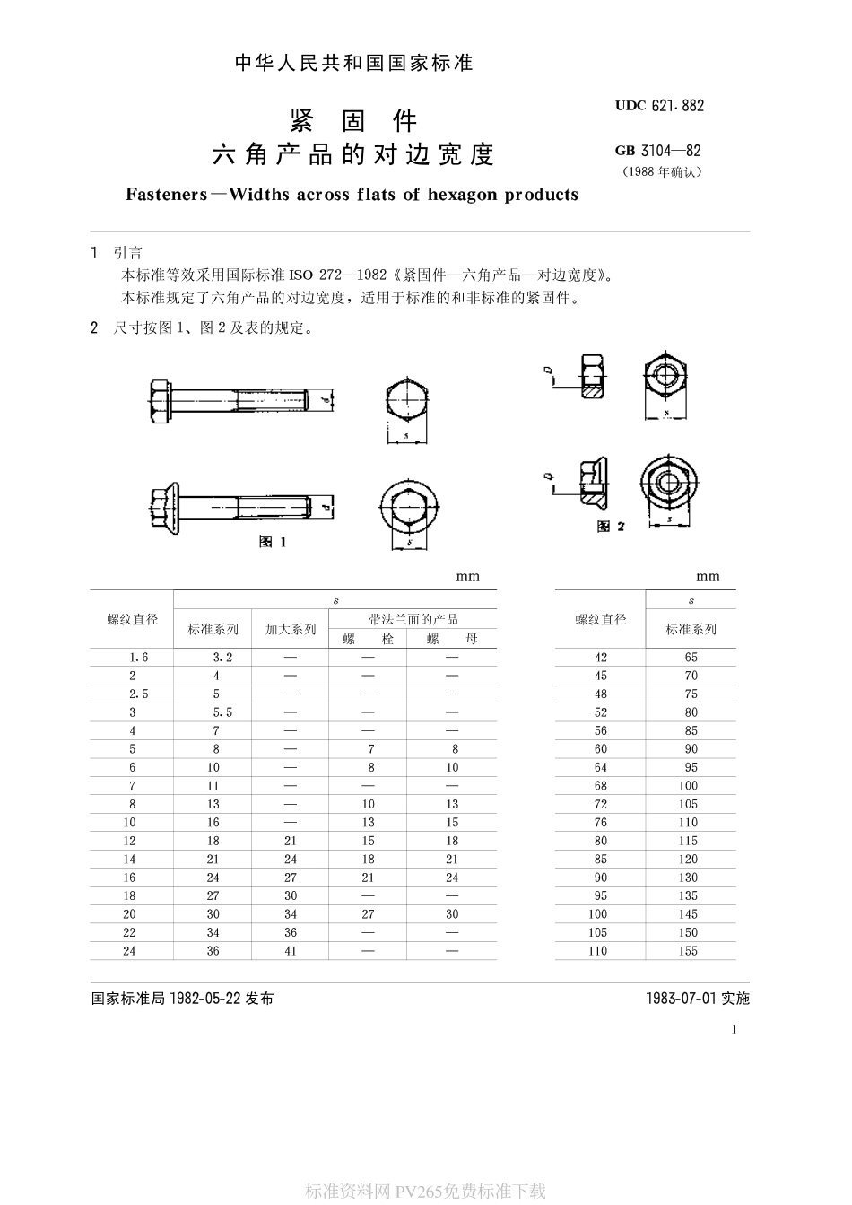 GB T 3104-1982 紧固件 六角产品的对边宽度.pdf_第1页