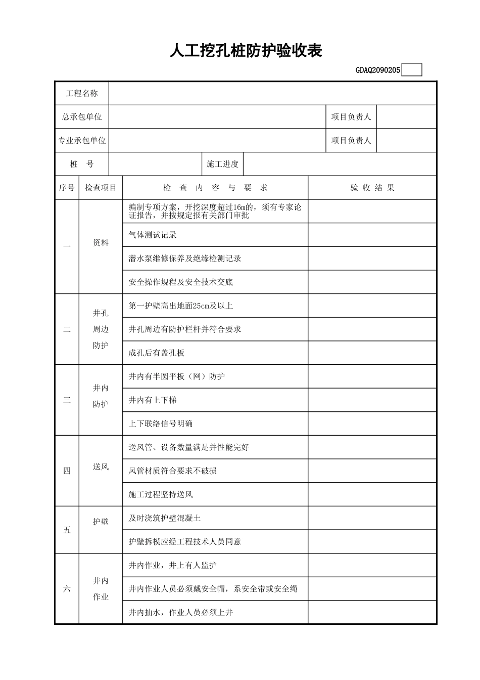 人工挖孔桩防护验收表(含续表)GDAQ2090205.xls_第1页