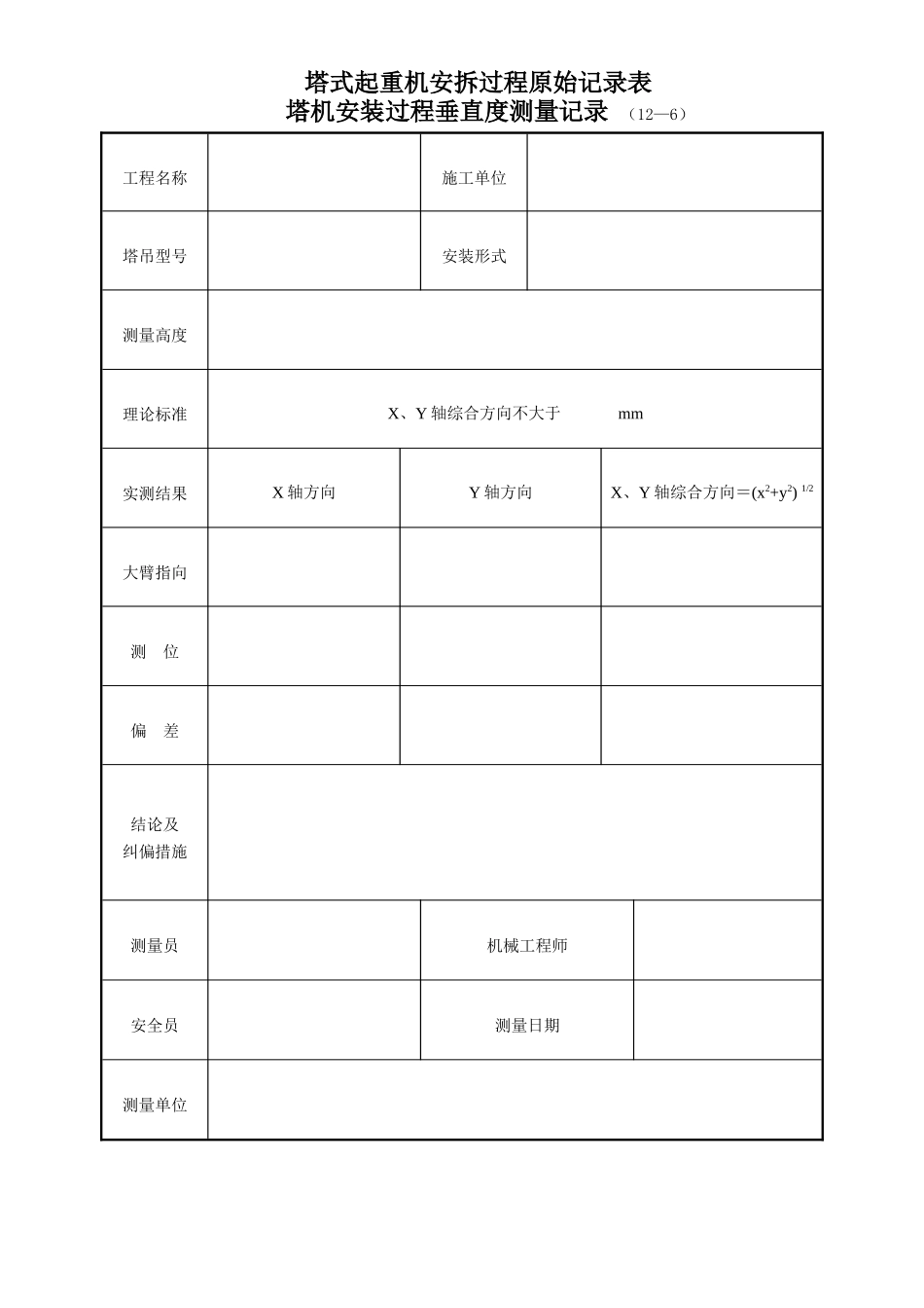 塔式起重机安拆过程原始记录表12-6.doc_第1页