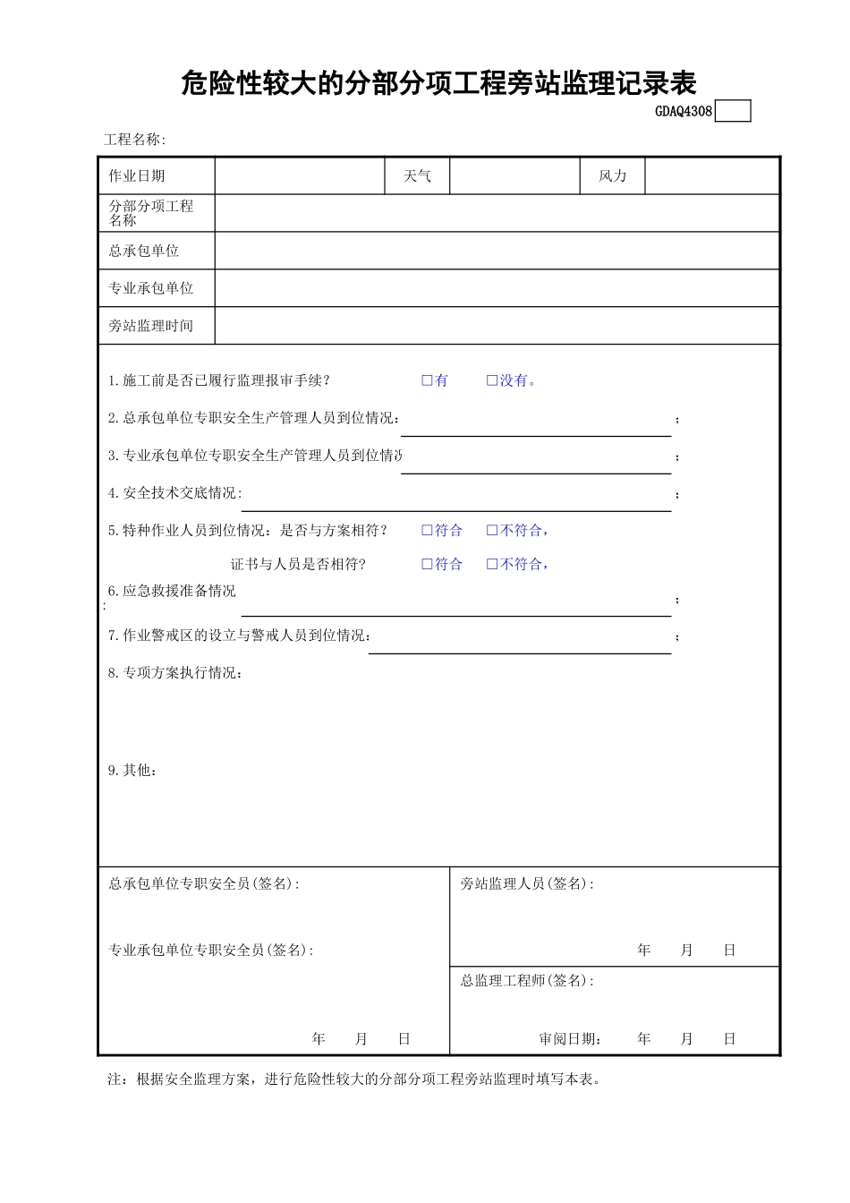 危险性较大的分部分项工程旁站监理记录表GDAQ4308.xls_第1页