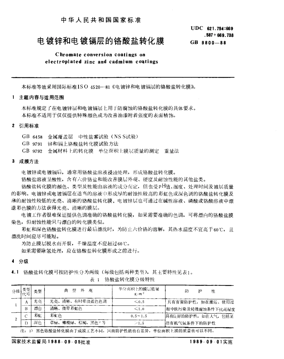 GB T 9800-1988 电镀锌和电镀镉层的铬酸盐转化膜.pdf_第1页