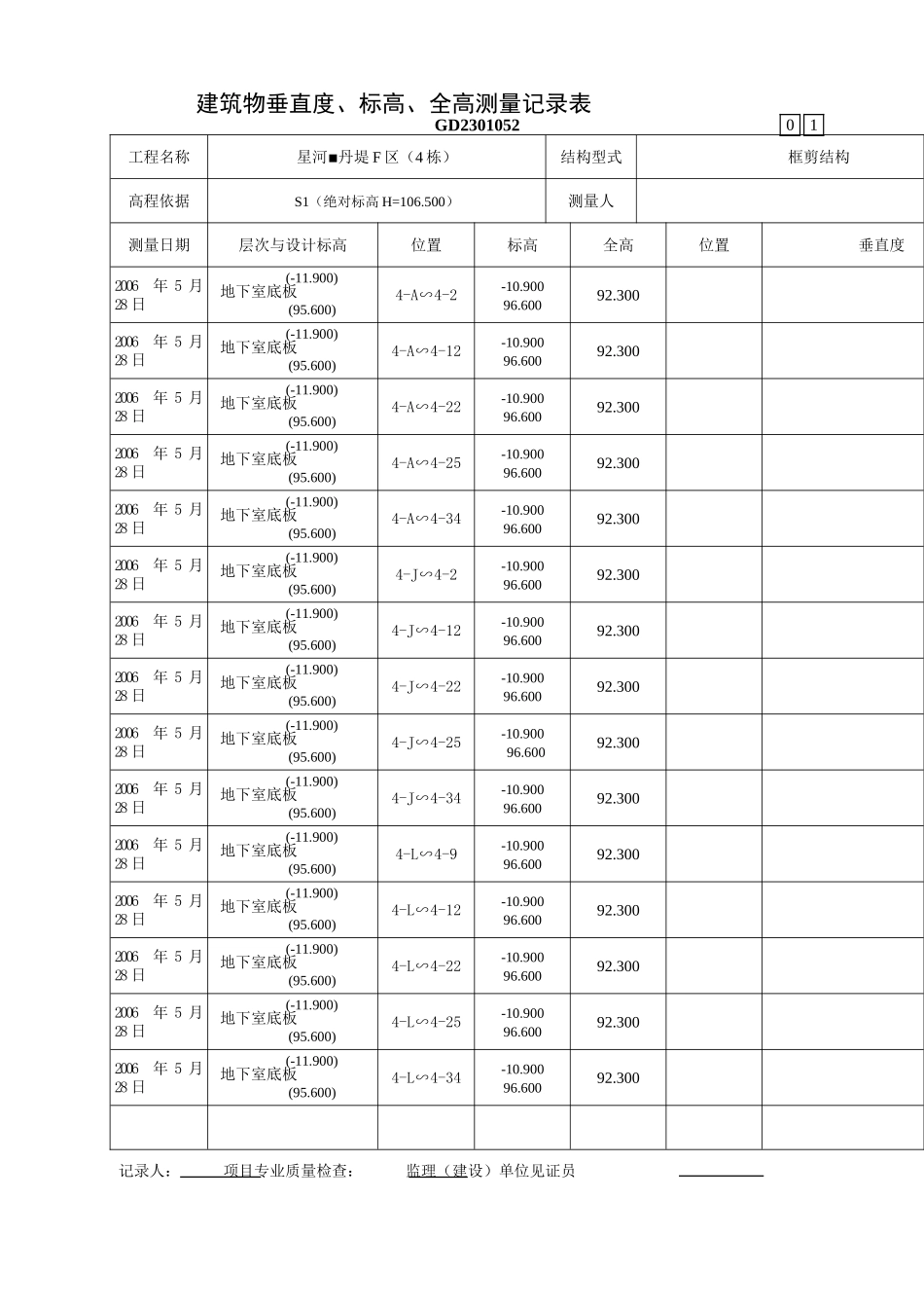 002-建筑物垂直度标高全高测量记录表.doc_第1页