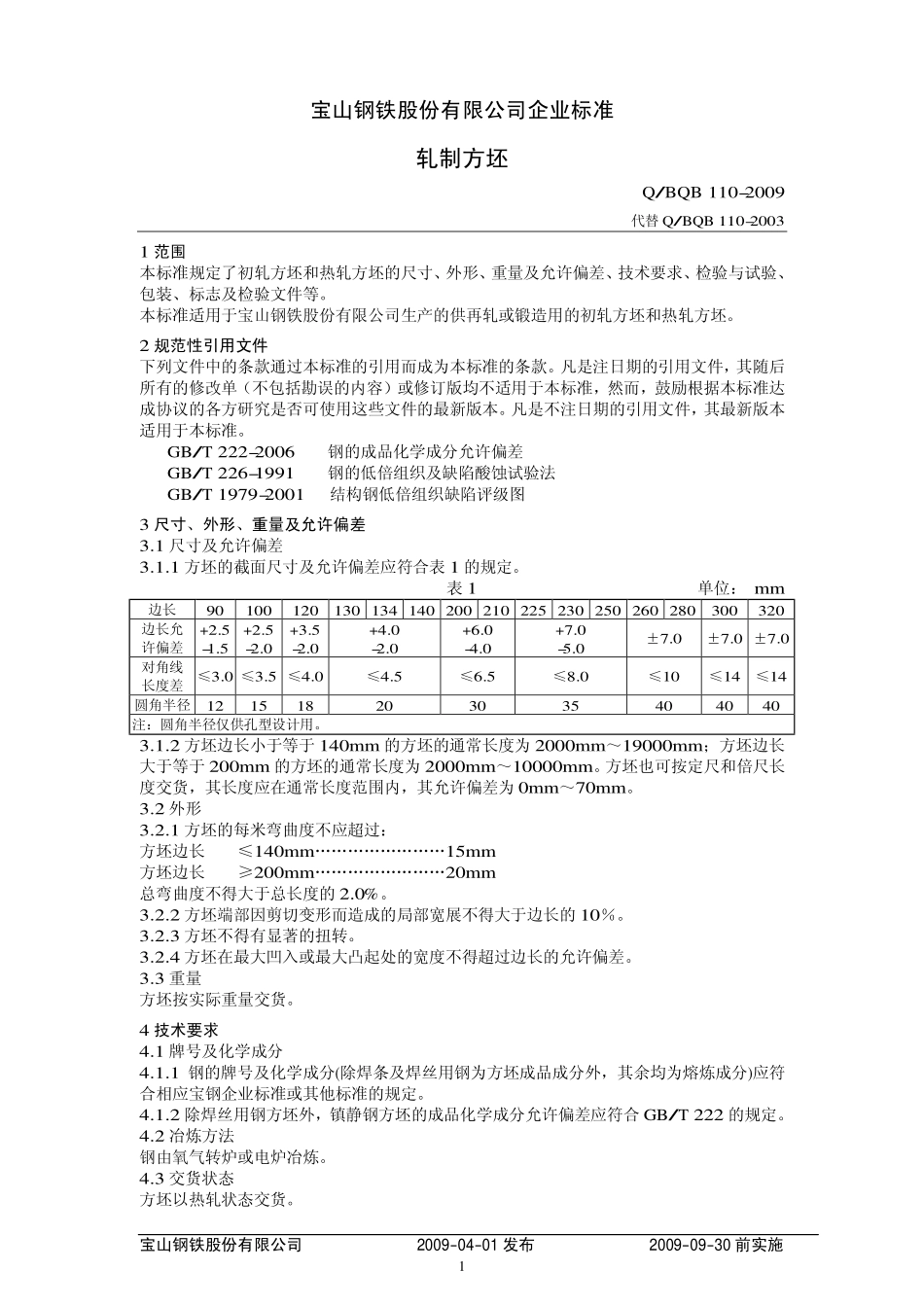 Q BQB 110-2009 轧制方坯.pdf_第1页