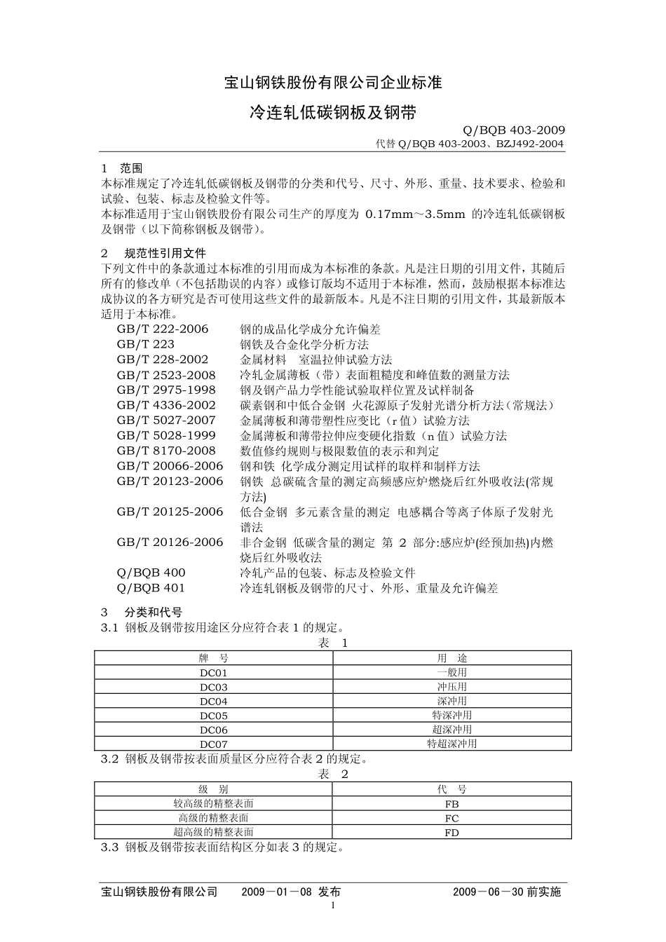 Q BQB 403-2009 冷连轧低碳钢板及钢带.pdf_第1页